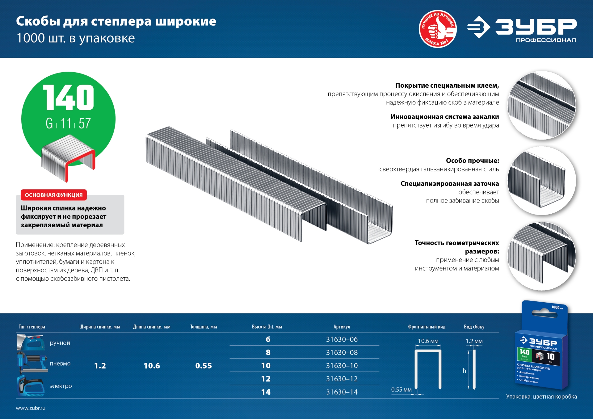 ЗУБР скобы тип 140 (G/11/57), 14 мм, калибр 20GA. 1000 шт. Профессионал (31630-14)