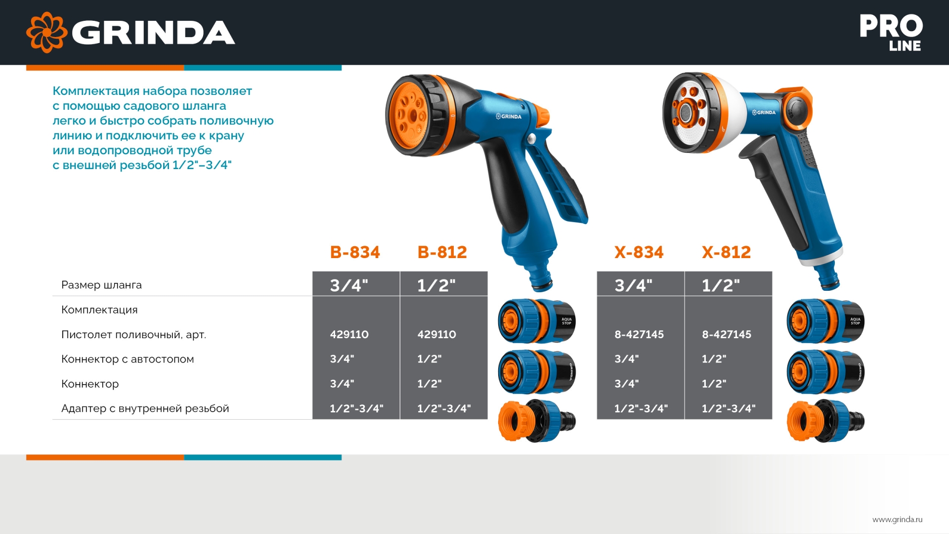 GRINDA Х-834, пистолет поливочный X-8, коннектор 3/4, конектор 3/4 с автостопом, адаптер с внутр. резьбой 1/2 х 3/4,набор поливочный PROLine (429167)