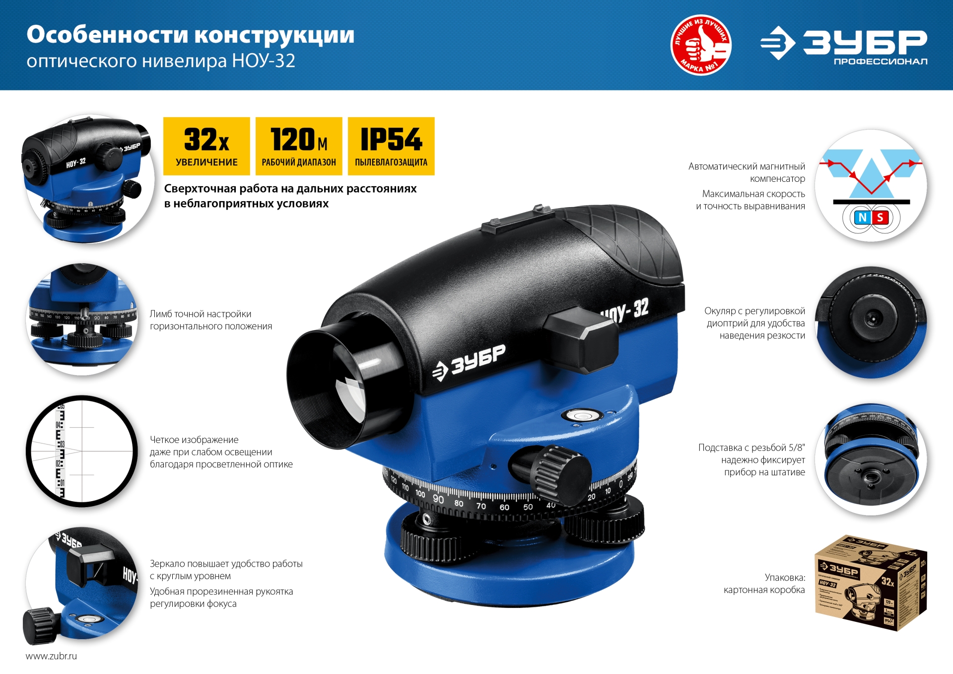 ЗУБР ОУ-32, 120 м, оптический нивелир, Профессионал (34917)