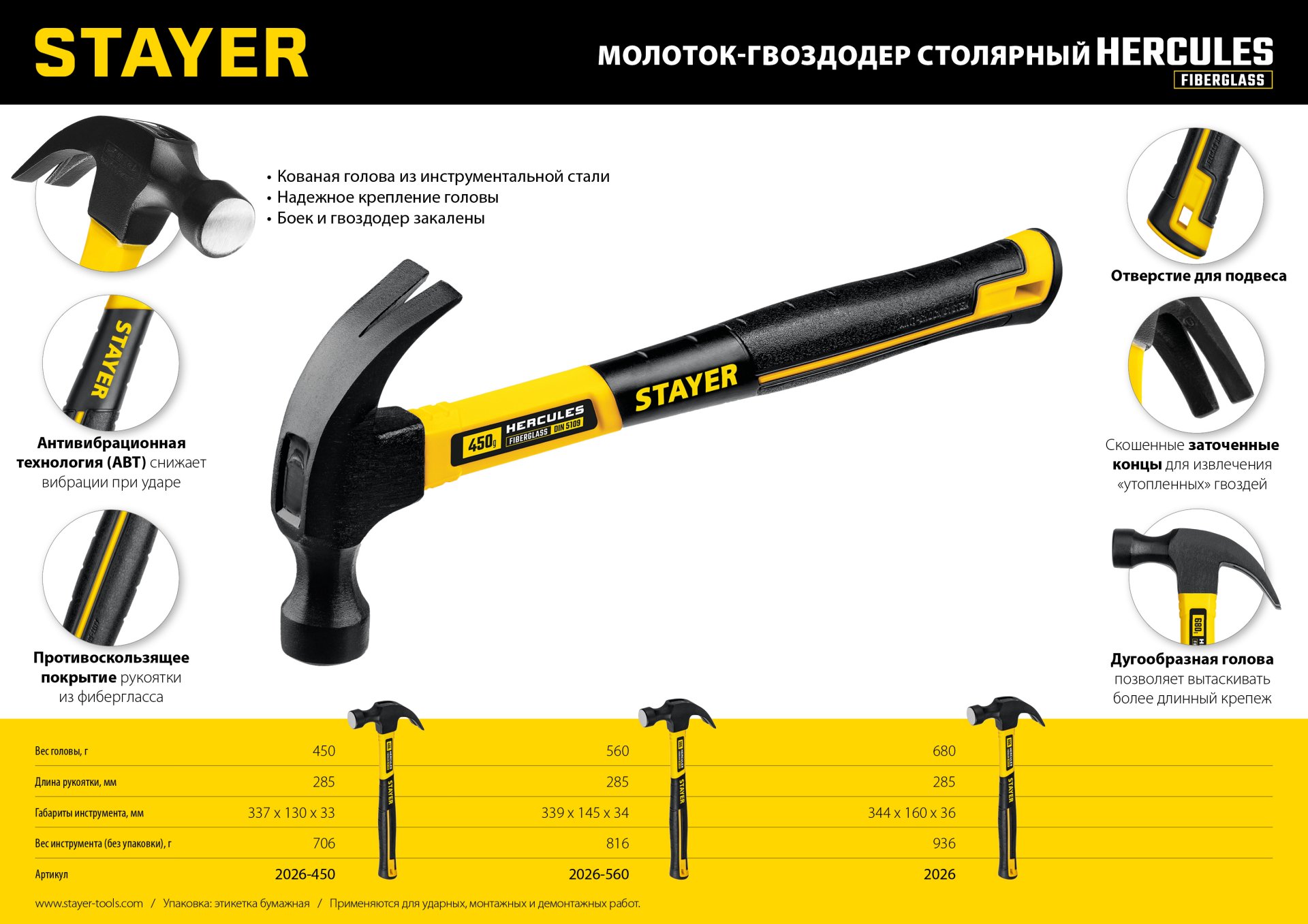 STAYER Fiberglass, 680 г, с фиберглассовой рукояткой, столярный молоток-гвоздодёр, Professional (2026)