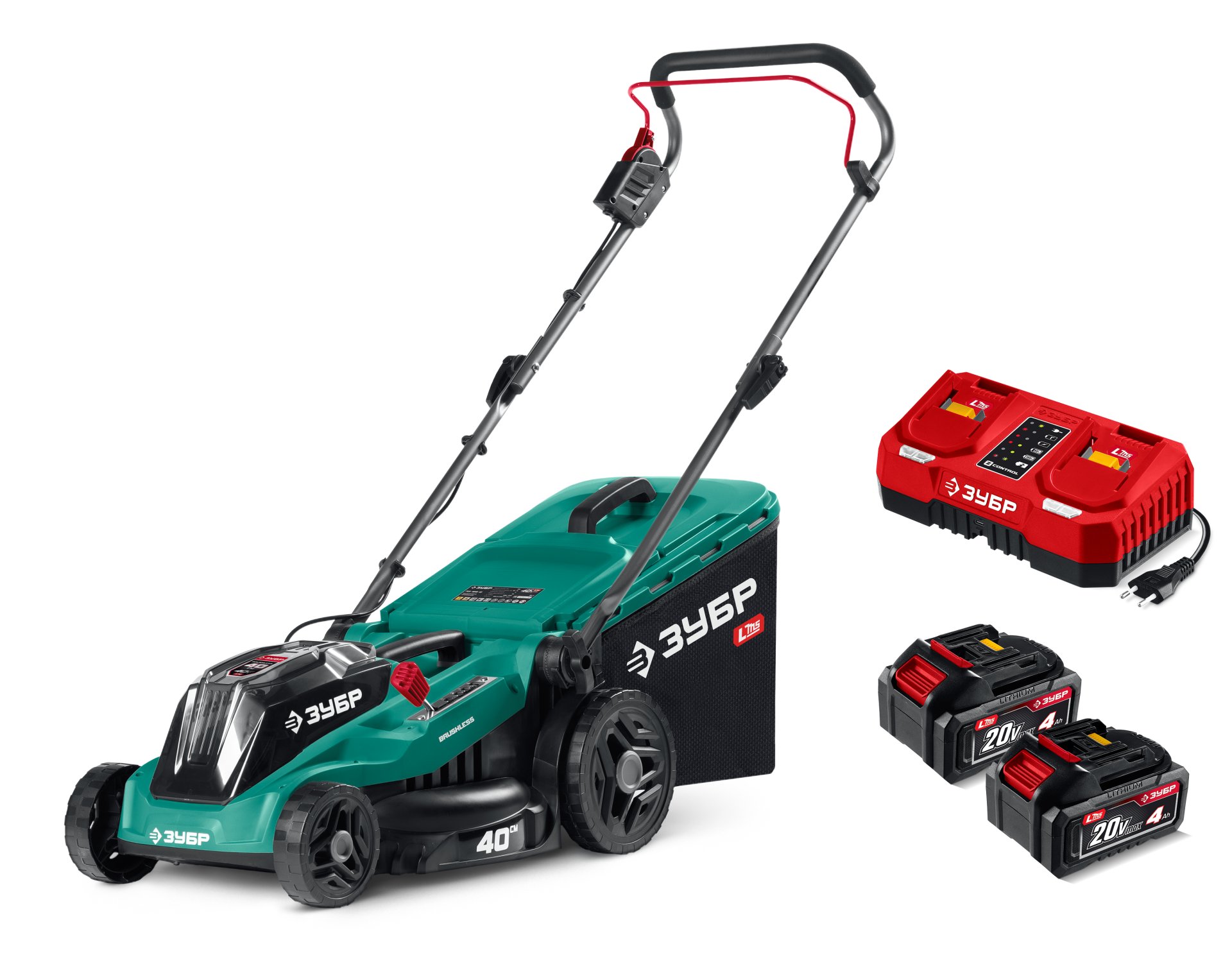 ЗУБР 40 В (2x20В), 400 мм, 2 АКБ LMS (4 Ач), газонокосилка аккумуляторная бесщеточная (ГКЛ-4040-42)