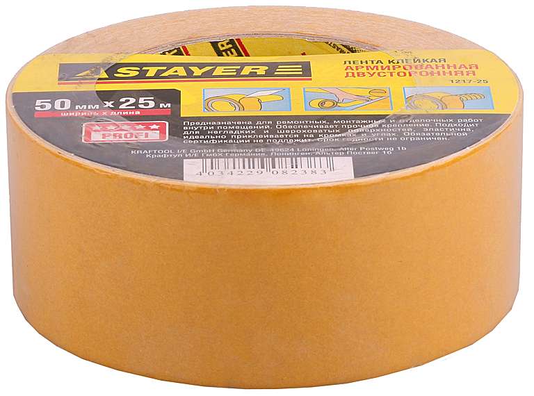 STAYER 50 мм, 25 м, на тканевой основе, двухсторонняя клейкая лента, Professional (1217-25)
