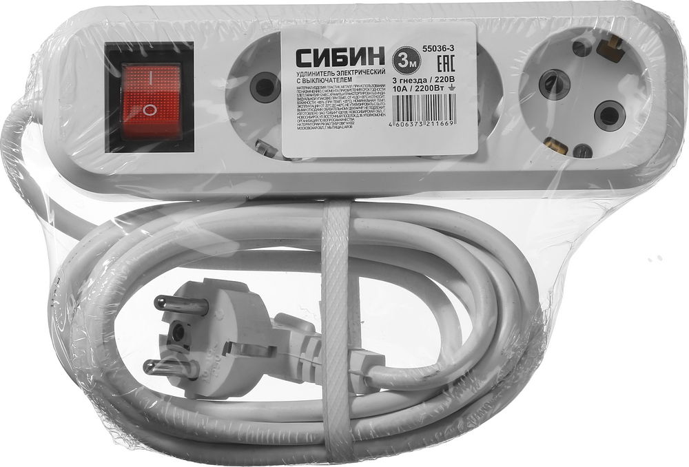 СИБИН У-30 В, ПВС, 3 х 0.75 мм2, 3 гн., 3 м, выключатель 2200 Вт, бытовой удлинитель (55036-3)