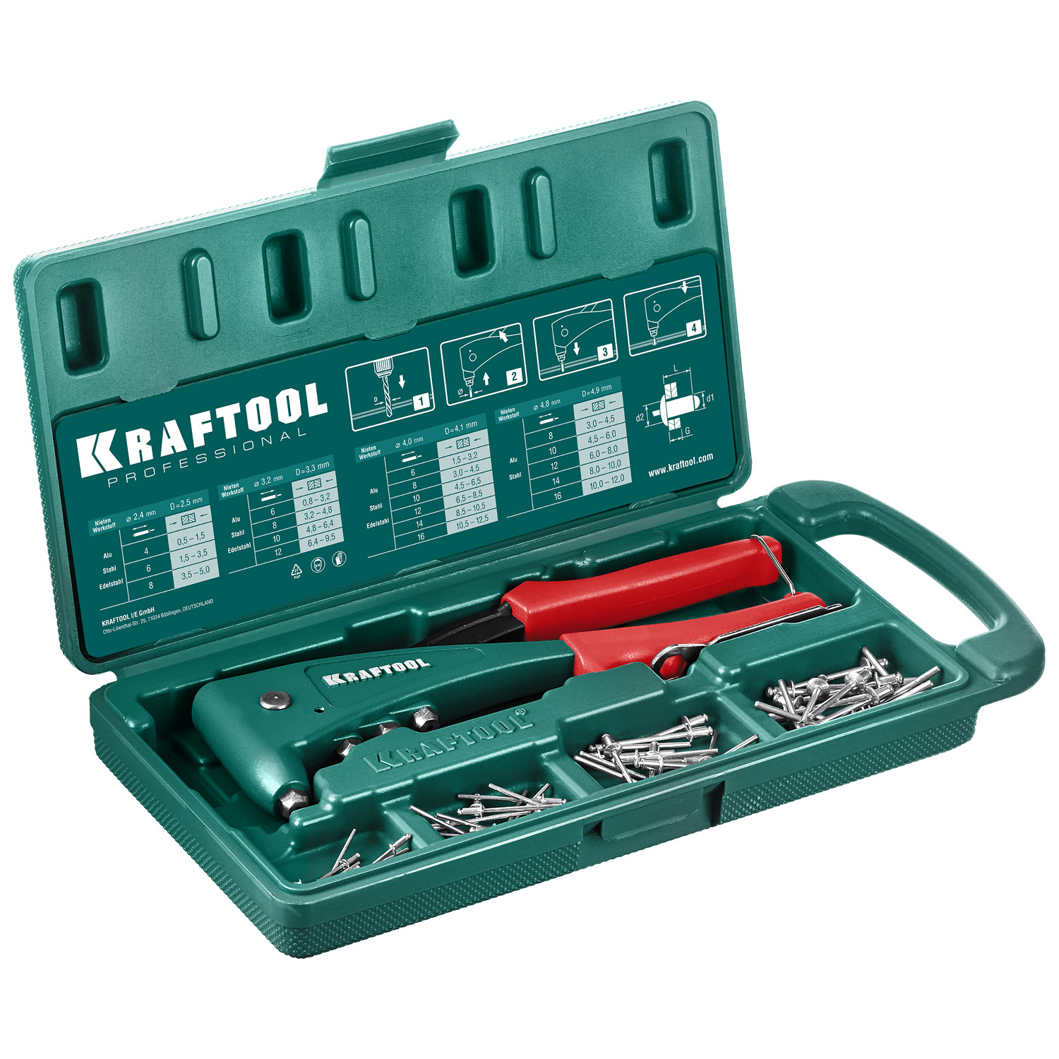 KRAFTOOL X-5F, 2.4 - 4.8 мм, 260 мм, удержание заклепки, литой заклепочник в кейсе (31173-H6)