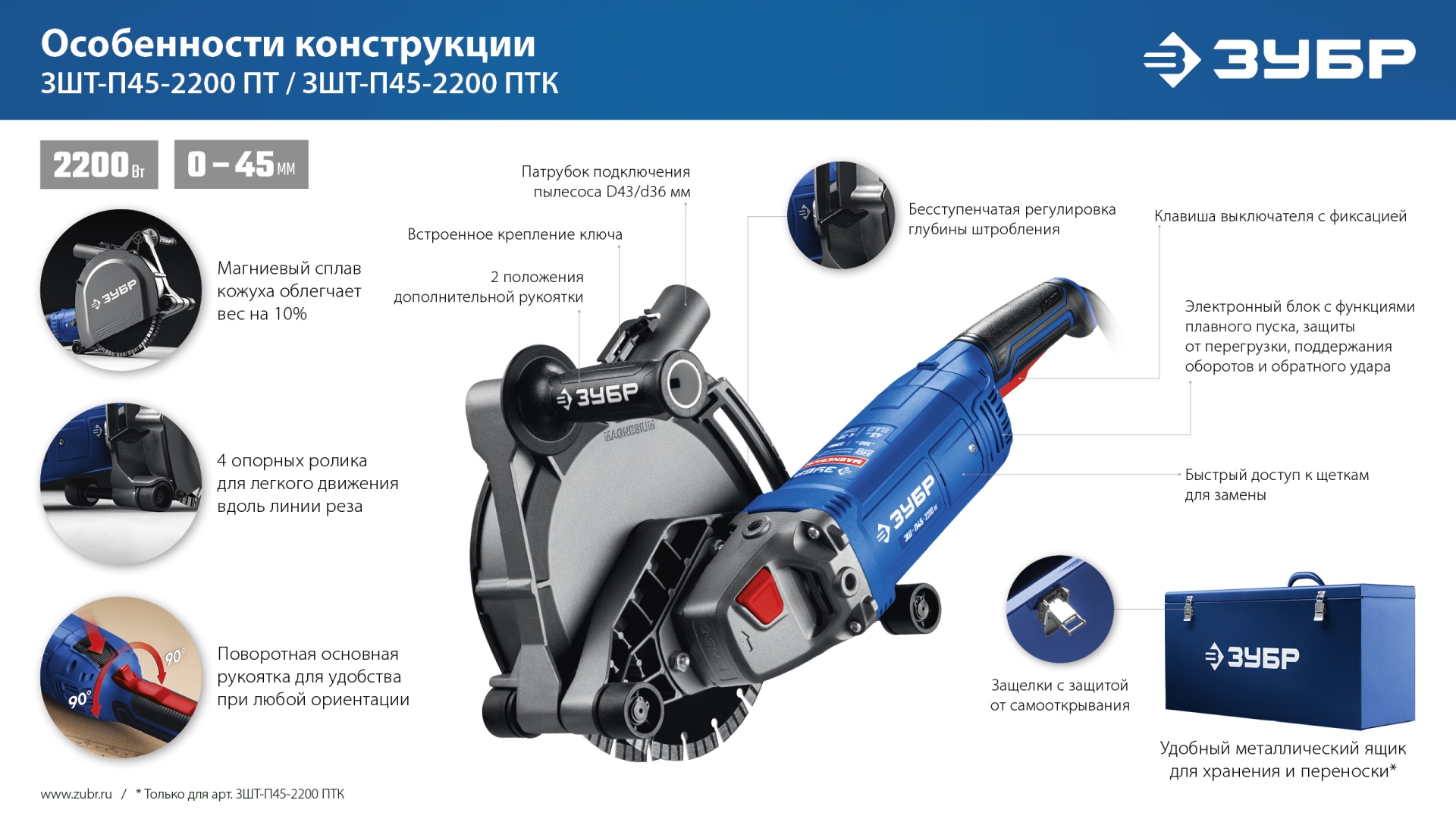 ЗУБР d 180 мм, 2200 Вт, 45 мм, штроборез (бороздодел), метал. ящик, Профессионал (ЗШ-П45-2200 ПТК)