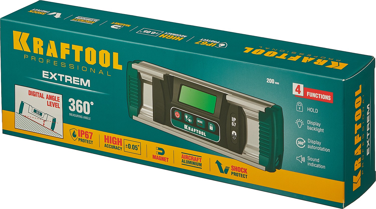 KRAFTOOL EXTREM, 0 - 360°, точность 0.05°, HOLD, IP67, электронный уровень-уклономер (34686)