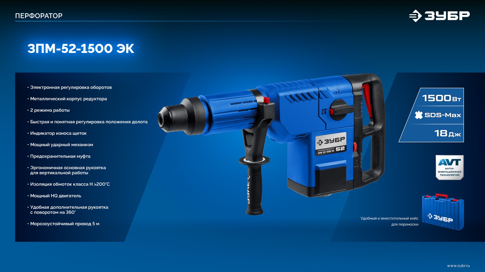 ЗУБР 52 мм, 1500 Вт, перфоратор SDS-Max, Профессионал (ЗПМ-52-1500 ЭК)