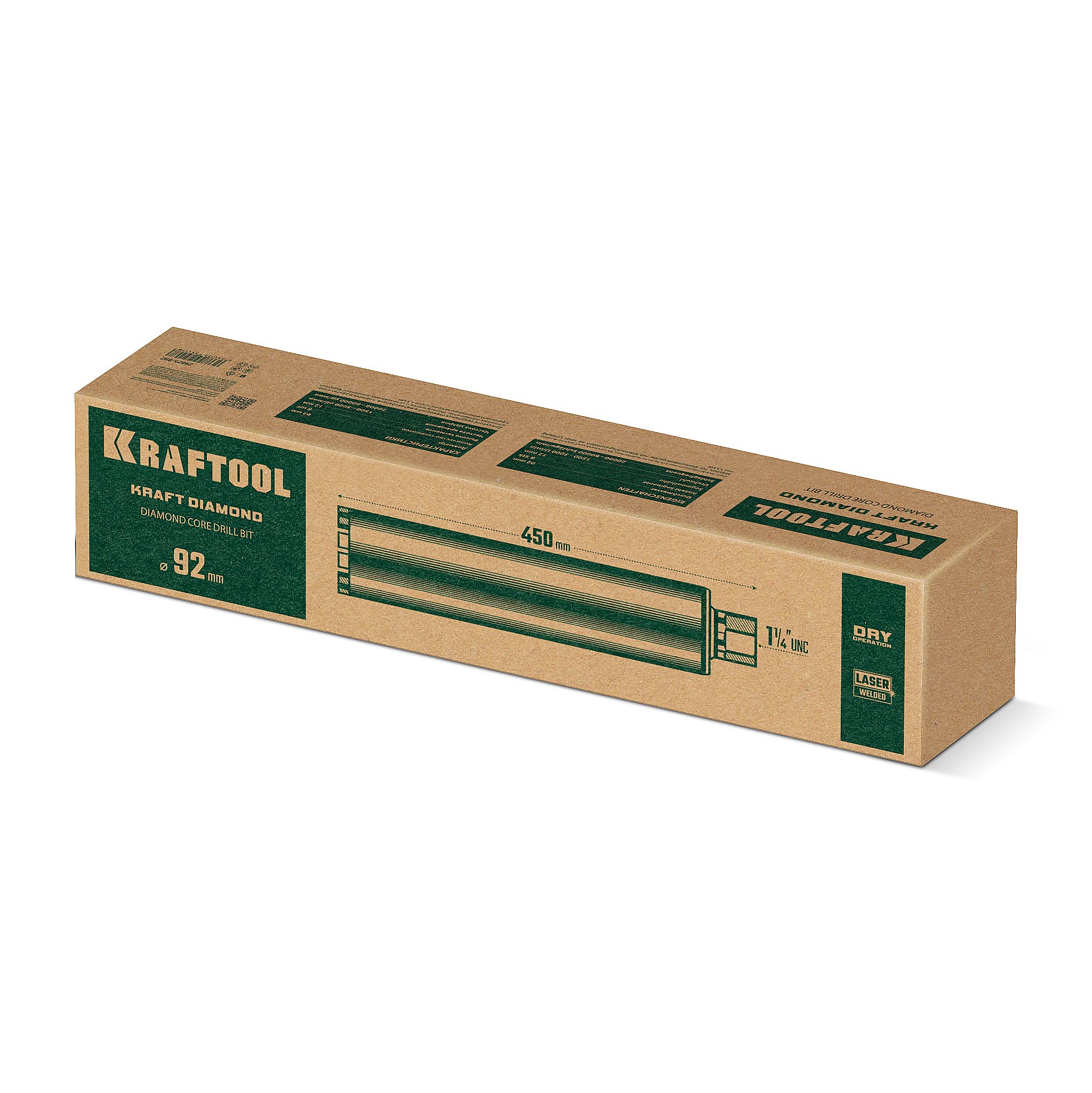 KRAFTOOL DIAMOND 92 мм (450 мм, 1 1/4″, лазерная сварка, сухое сверление с микроударом), алмазная коронка по железобетону (29825-092)