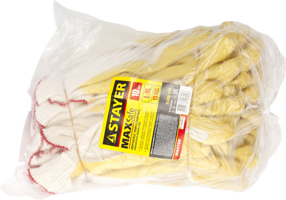 STAYER PROTECT, L-XL, х/б перчатки с одинарным латексным обливом, 10 пар (11408-H10)