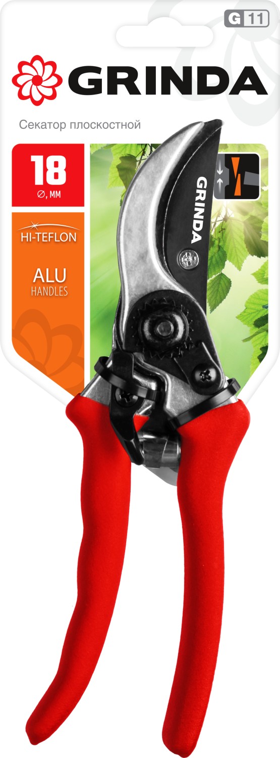 GRINDA G-11, 210 мм, лезвия из углеродистой стали, закалены, тефлоновое покрытие, алюминиевые рукоятки, плоскостной секатор (8-423001)