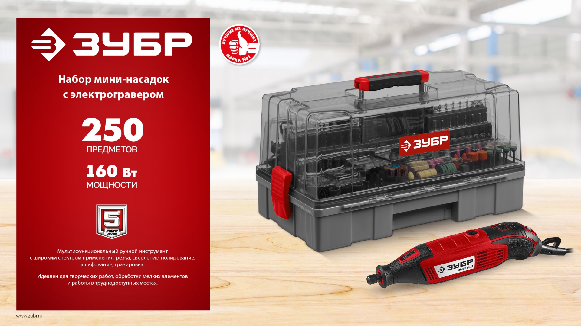 ЗУБР 245 предметов, 160 Вт, набор мини-насадок с гравером (ЗГ-160-H245)