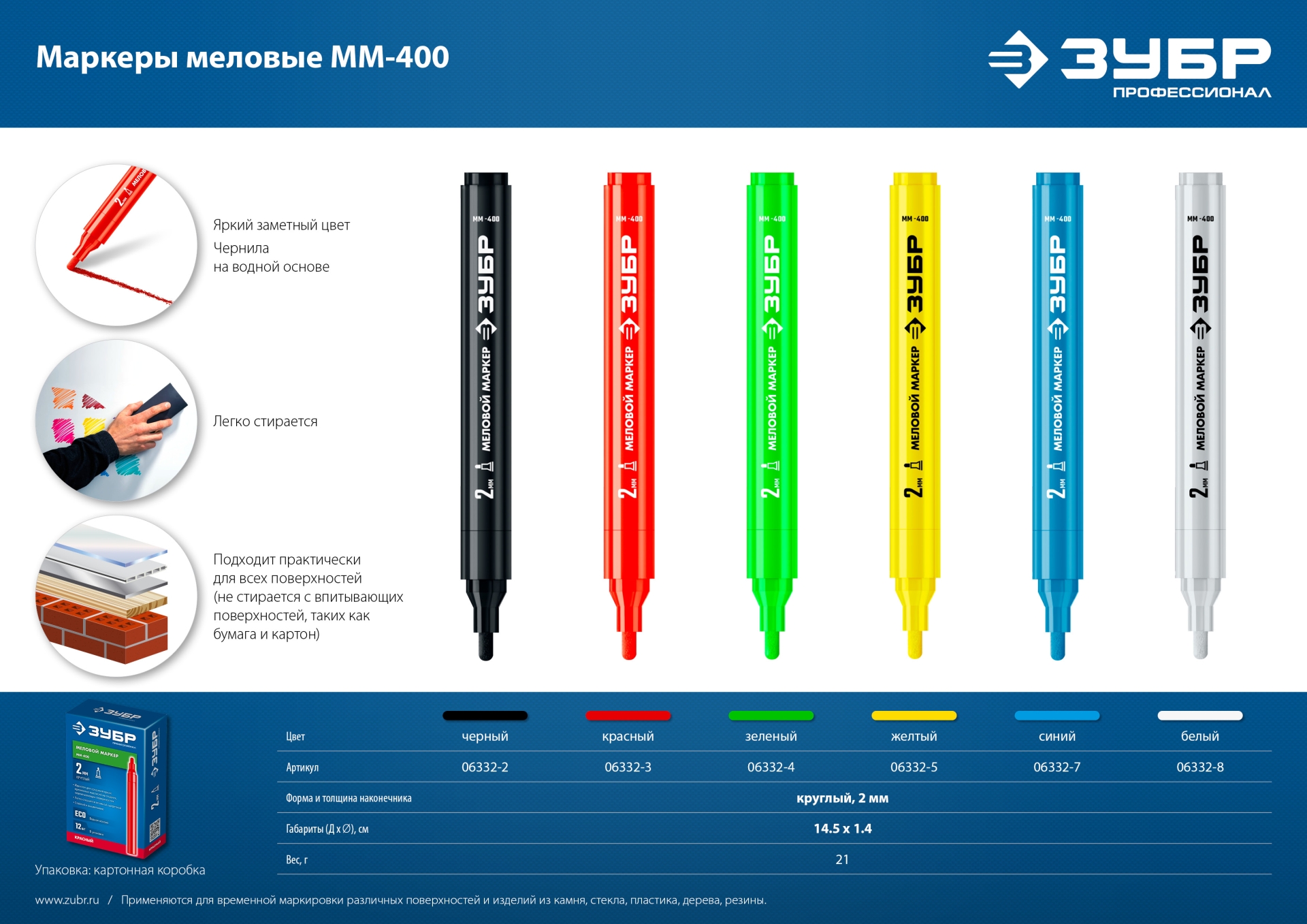 ЗУБР ММ-400 желтый, 2 мм меловой маркер (06332-5)