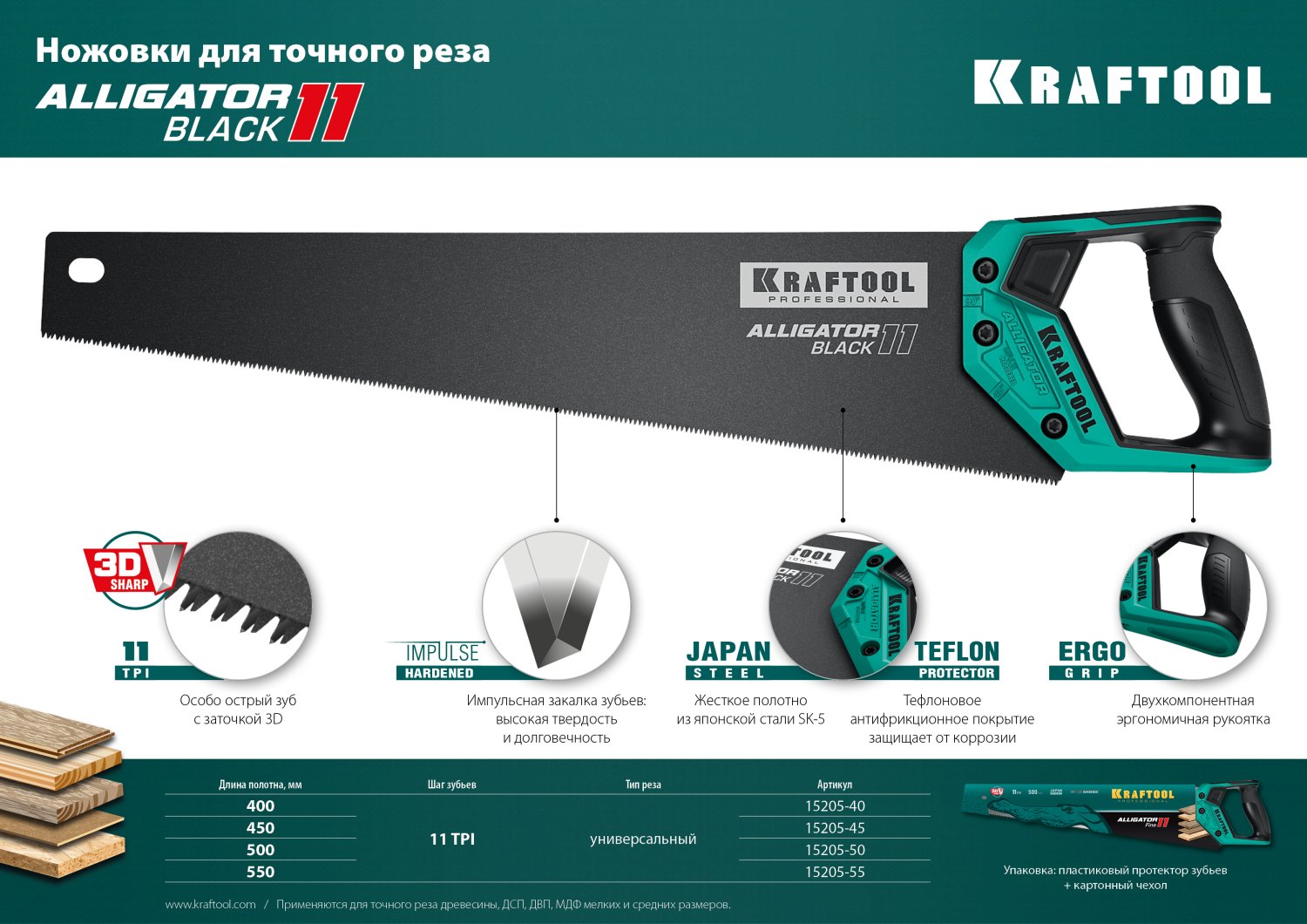 KRAFTOOL Alligator Black 11, 550 мм, ножовка для точного реза (15205-55)