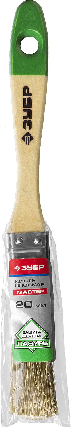 ЗУБР ЛАЗУРЬ, 20 мм, 3/4″, светлая смешанная щетина, деревянная ручка, для высокотекучих ЛКМ, плоская кисть (4-01009-020)