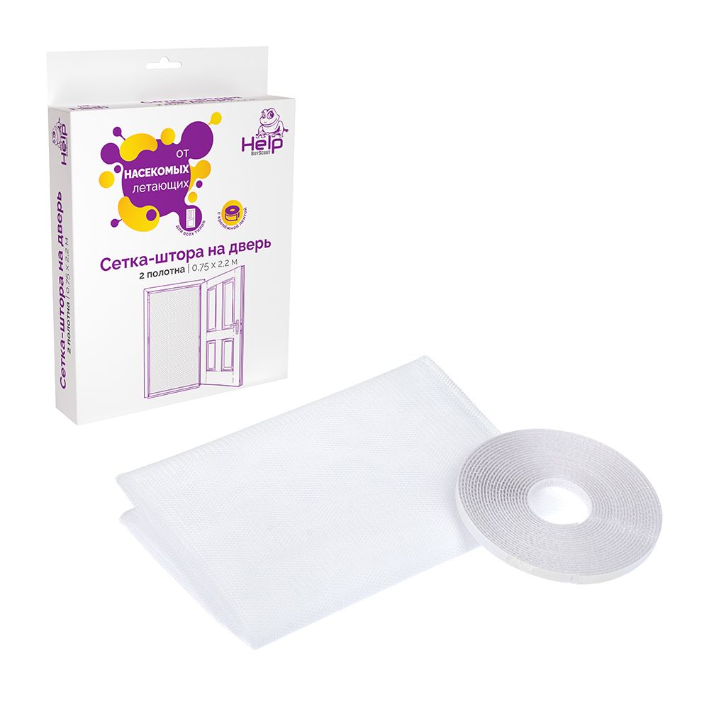 Сетка-штора на дверь ПРОТИВОМОСКИТНАЯ с крепежной лентой, 75*220 см 2шт. в уп.