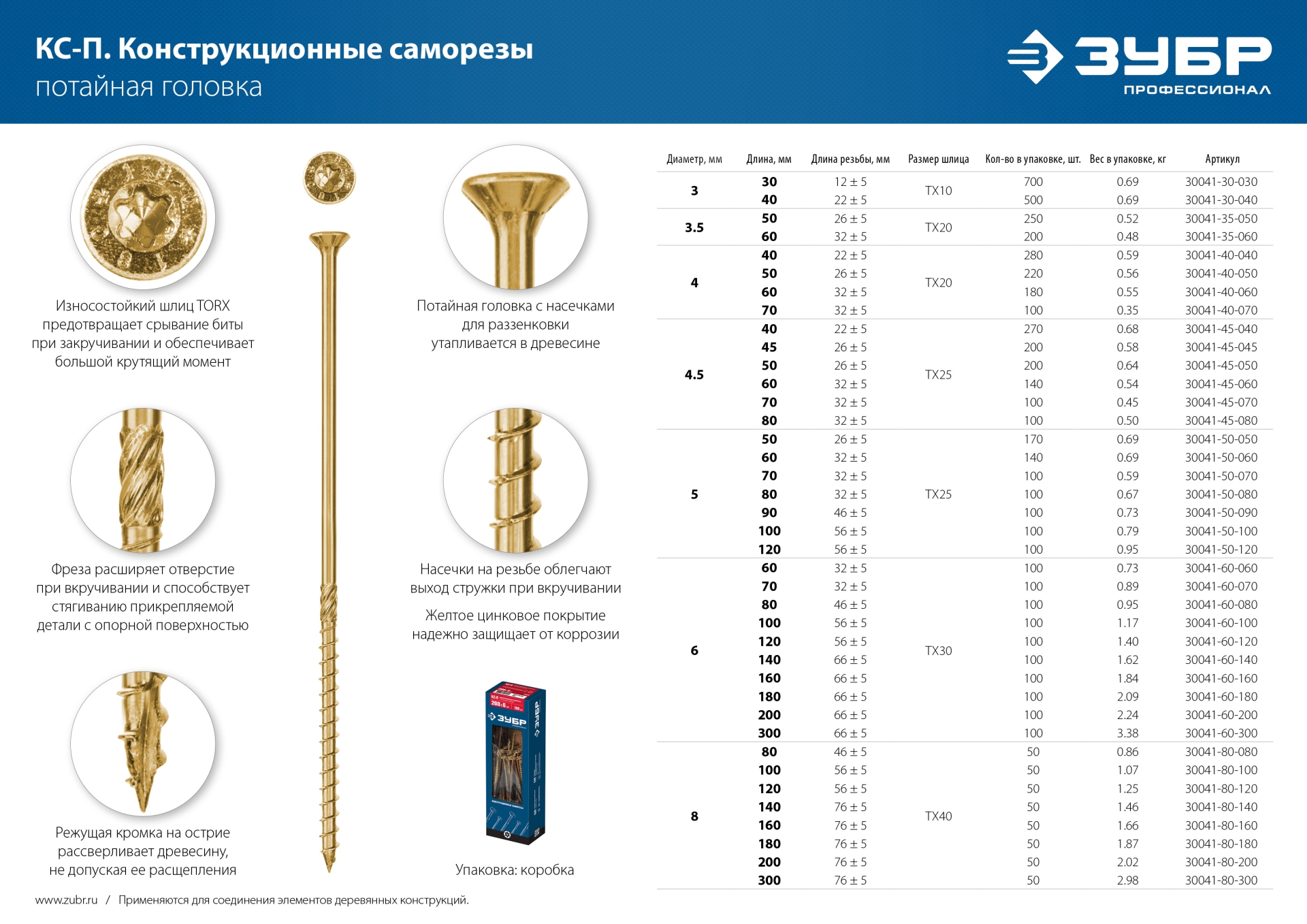 ЗУБР КС-П, 160 х 8.0 мм, TX40, потайная головка желтый цинк, 50 шт (1,63 кг.), конструкционный саморез, Профессионал (30041-80-160)