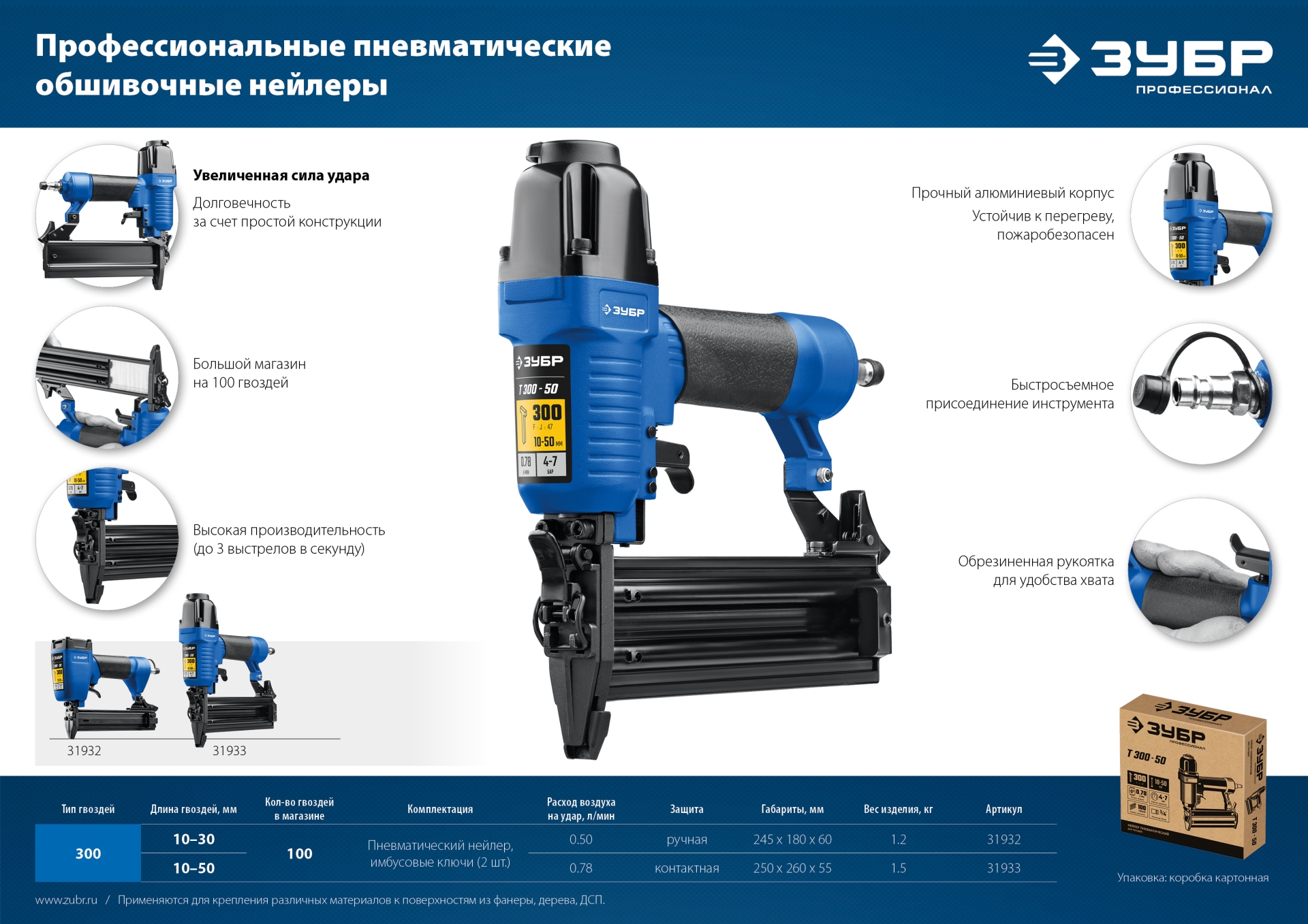 ЗУБР Т300-50 пневматический нейлер для гвоздей 18Ga, тип 300 (10-50 мм), Профессионал (31933)