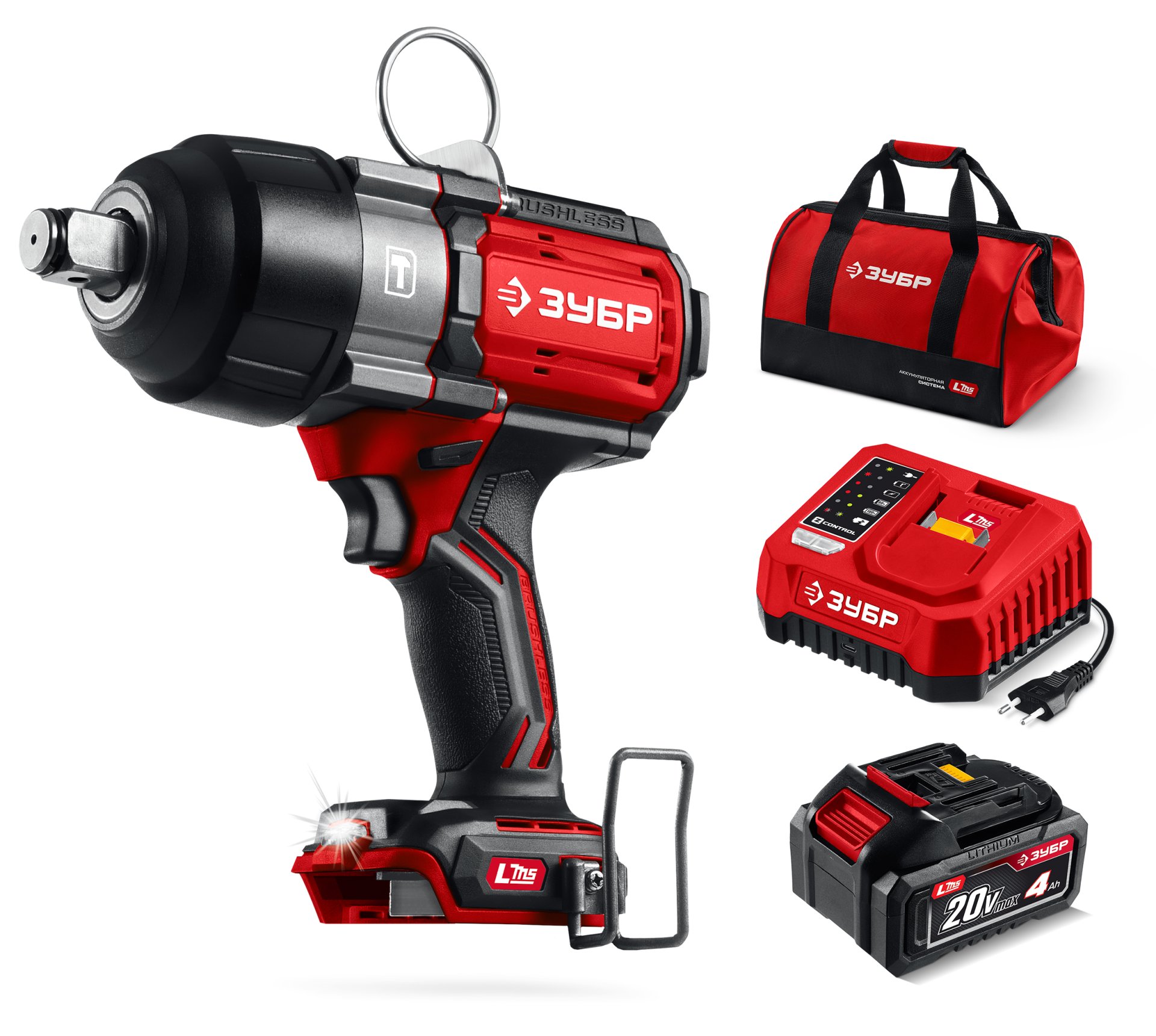 ЗУБР 20 В, 1000 Н·м, 1 АКБ LMS (4 А·ч), бесщеточный ударный гайковерт, сумка (ГБУ-1000-41)