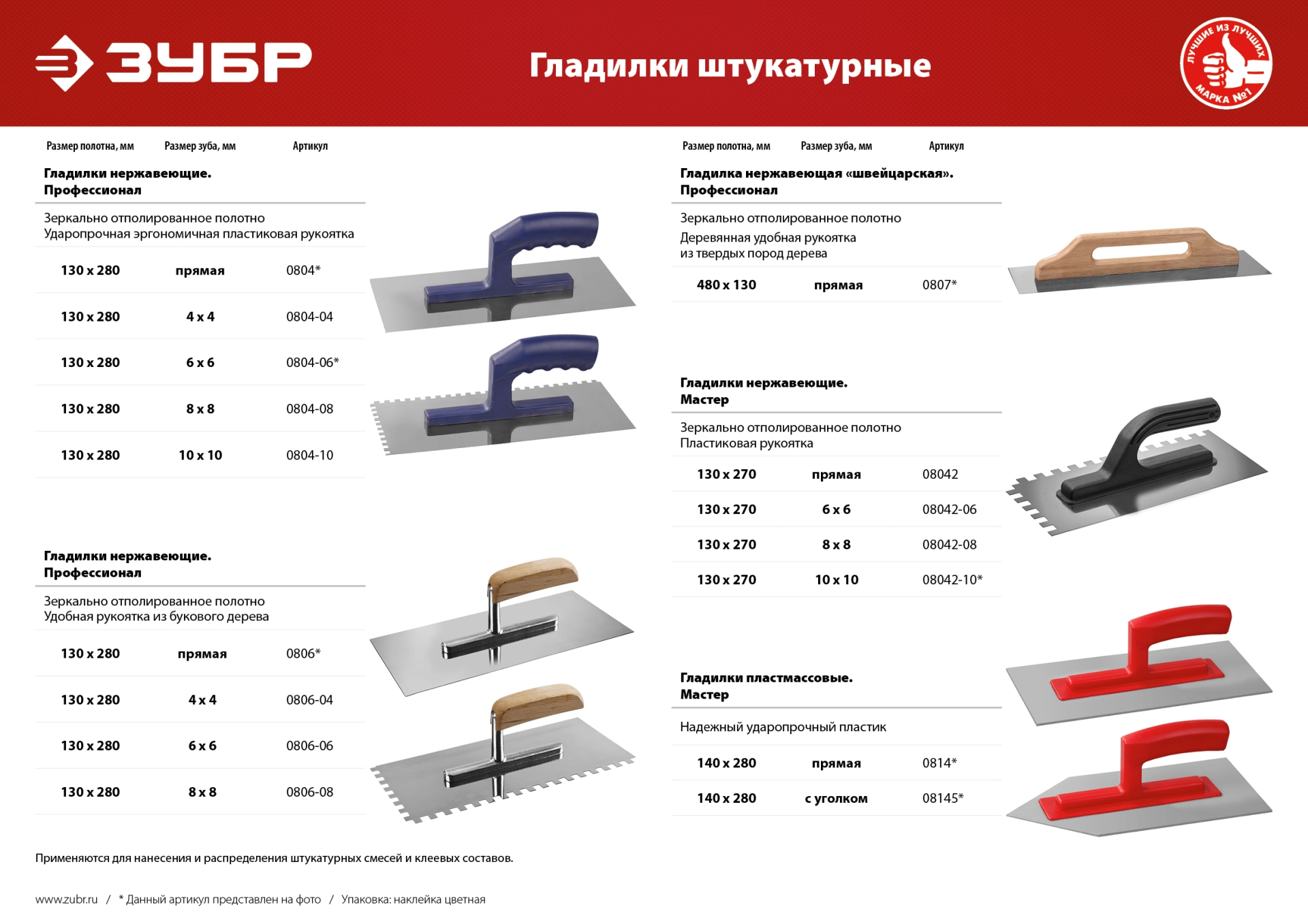 ЗУБР 130 х 280 мм, 6 х 6 мм, зубчатая, нержавеющая, штукатурная гладилка, Профессионал (0806-06)