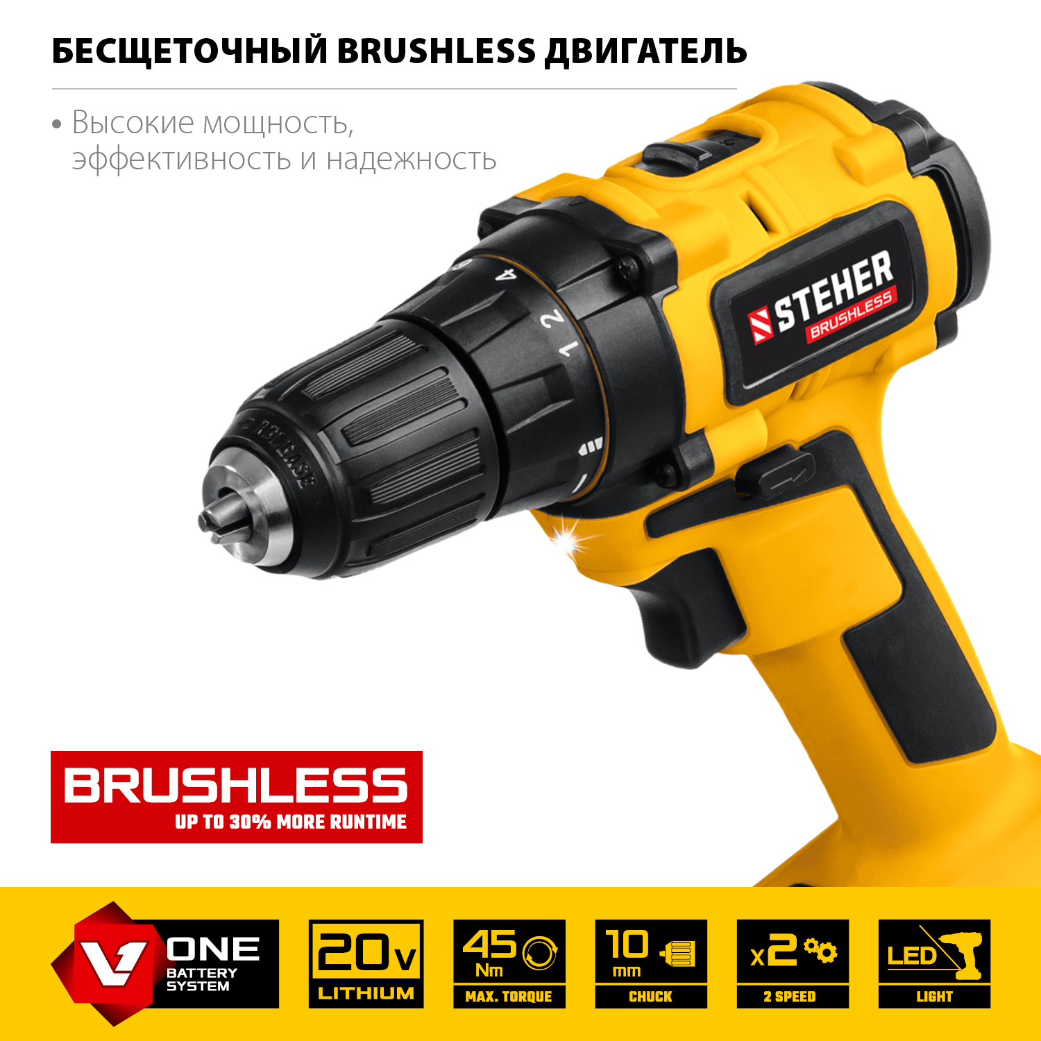 STEHER V1, 20 В, 45 Н·м, без АКБ, бесщеточная дрель-шуруповерт (CDB-200)