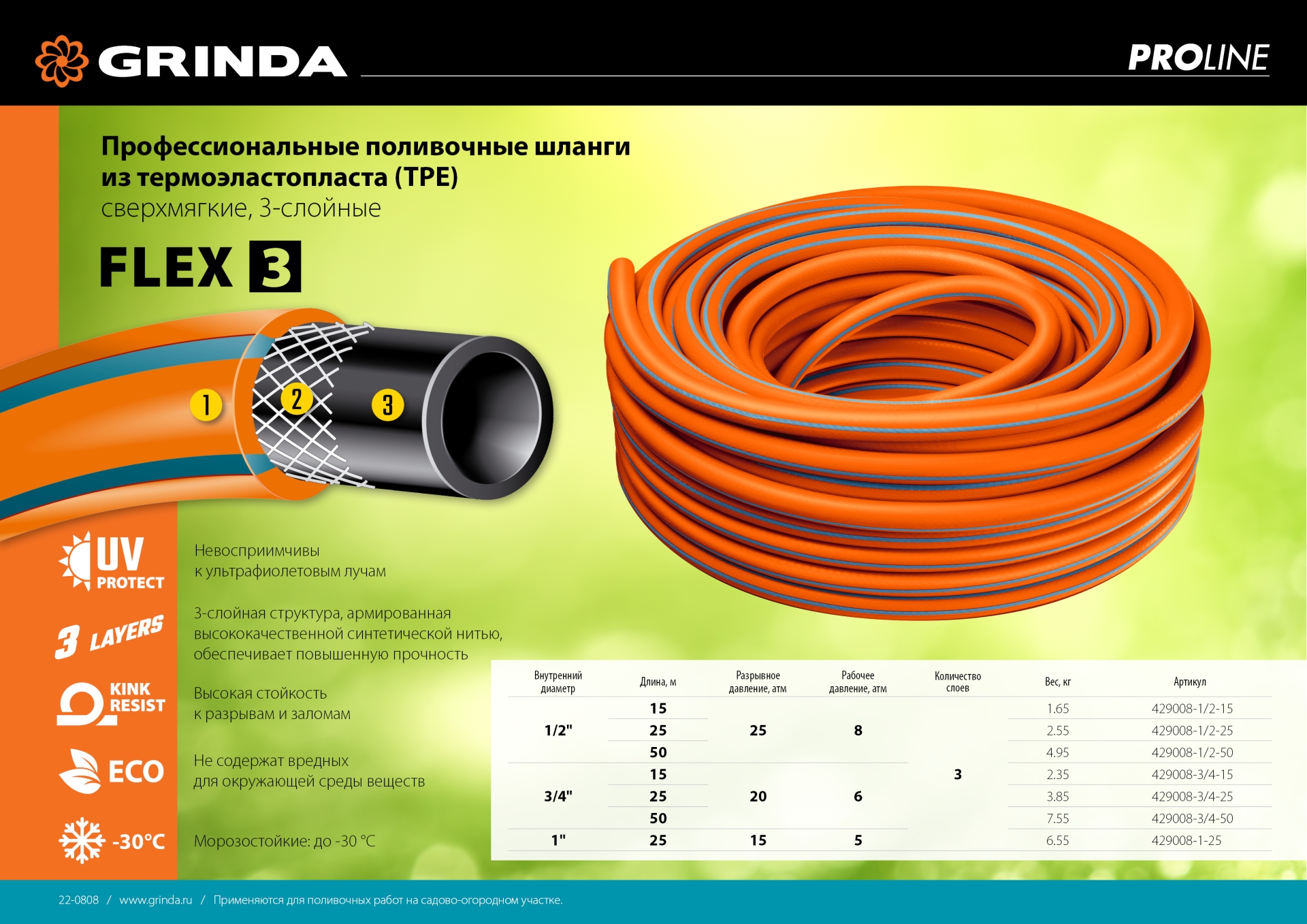 GRINDA FLEX 3, 3/4″, 15 м, 20 атм, из термоэластопласта, трёхслойный, армированный, гибкий, поливочный шланг, PROLine (429008-3/4-15)
