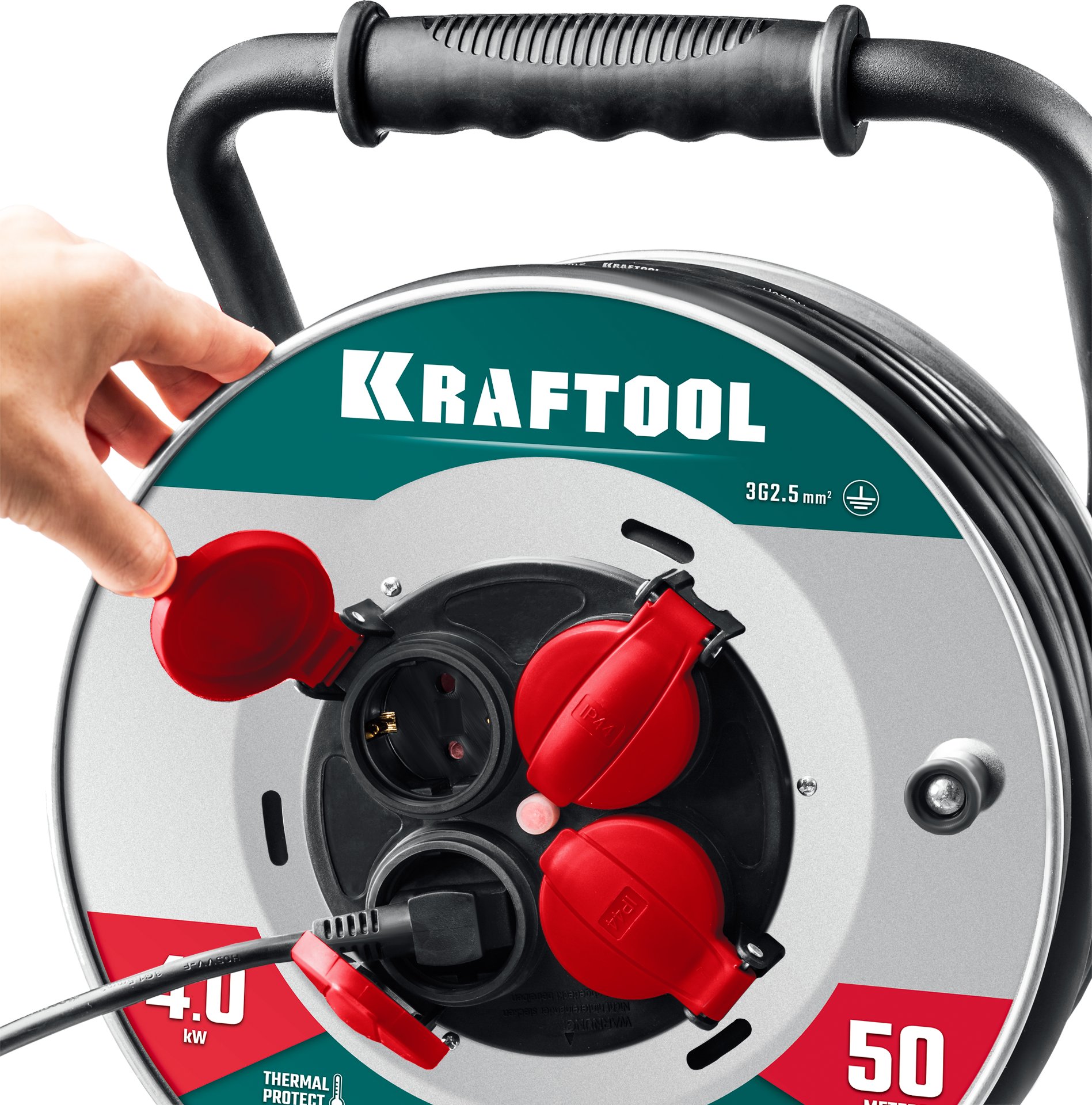 KRAFTOOL HEAVY DUTY 4.0, КГ 3х2.5 50м 4000Вт IP44, силовой удлинитель на стальной катушке (55086-50)