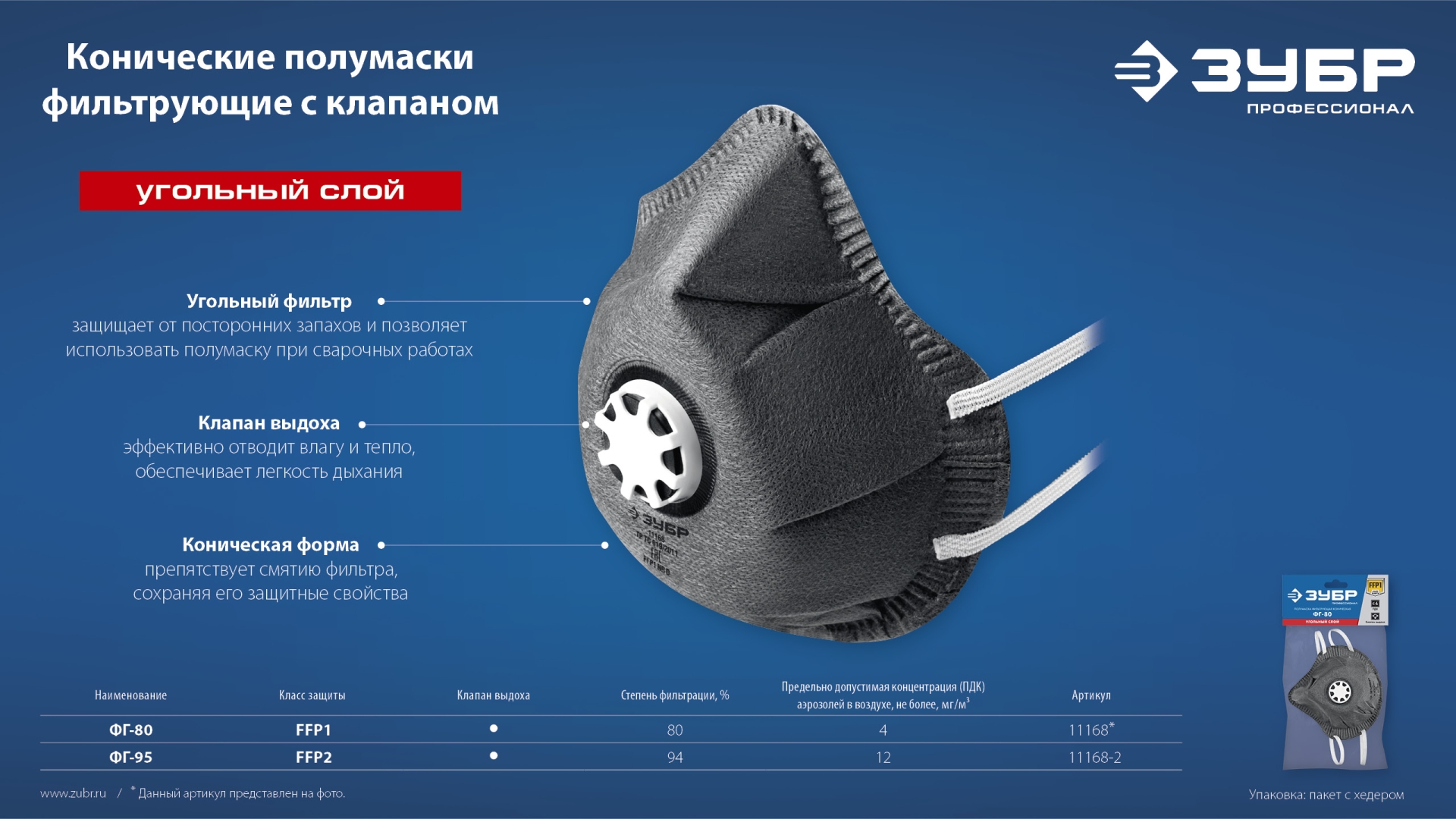 ЗУБР ФГ-80 коническая, с угольным слоем, класс защиты FFP1, с клапаном выдоха, фильтрующая полумаска (11168)