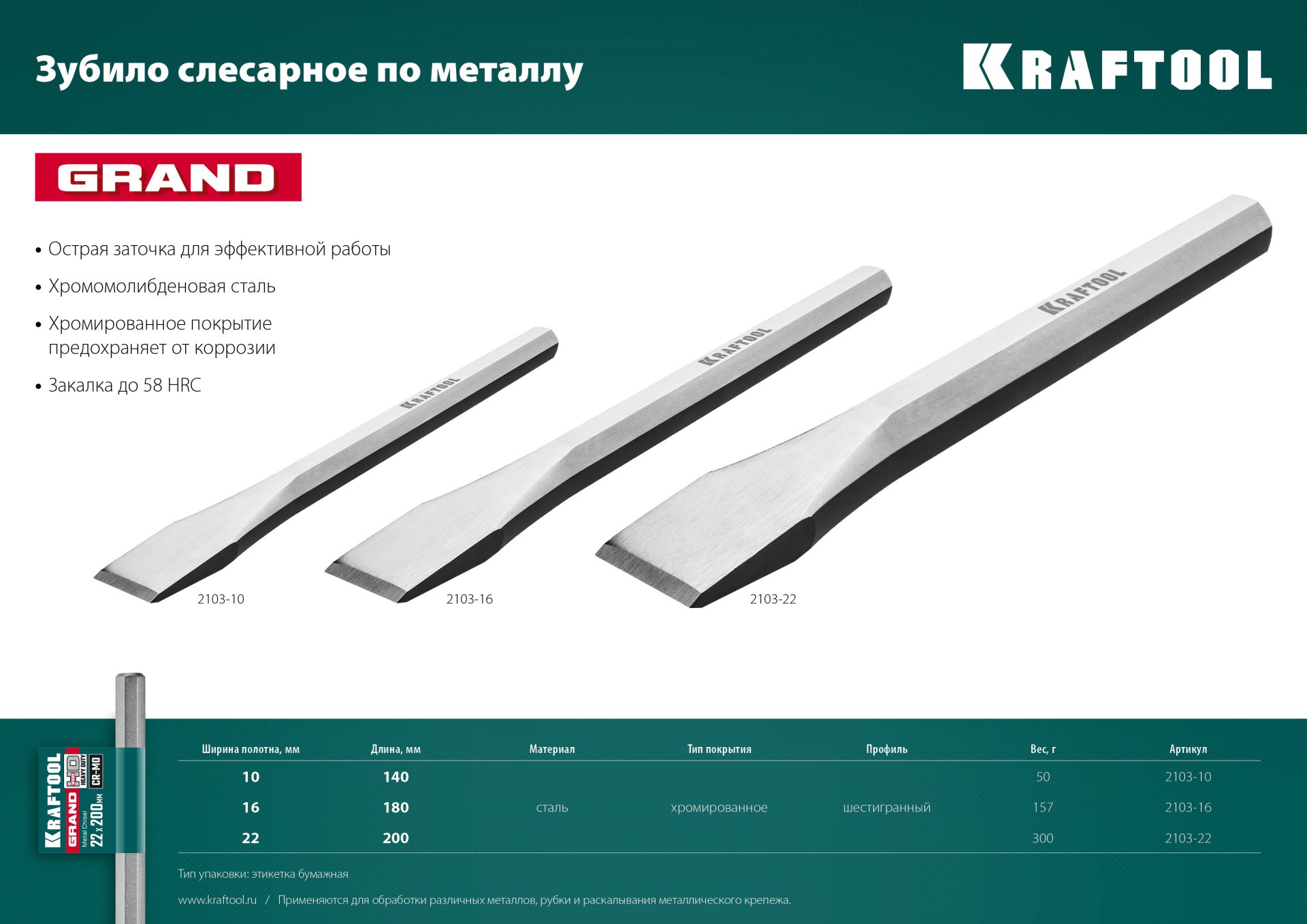 KRAFTOOL Grand, 16 х 180 мм, слесарное зубило по металлу (2103-16)