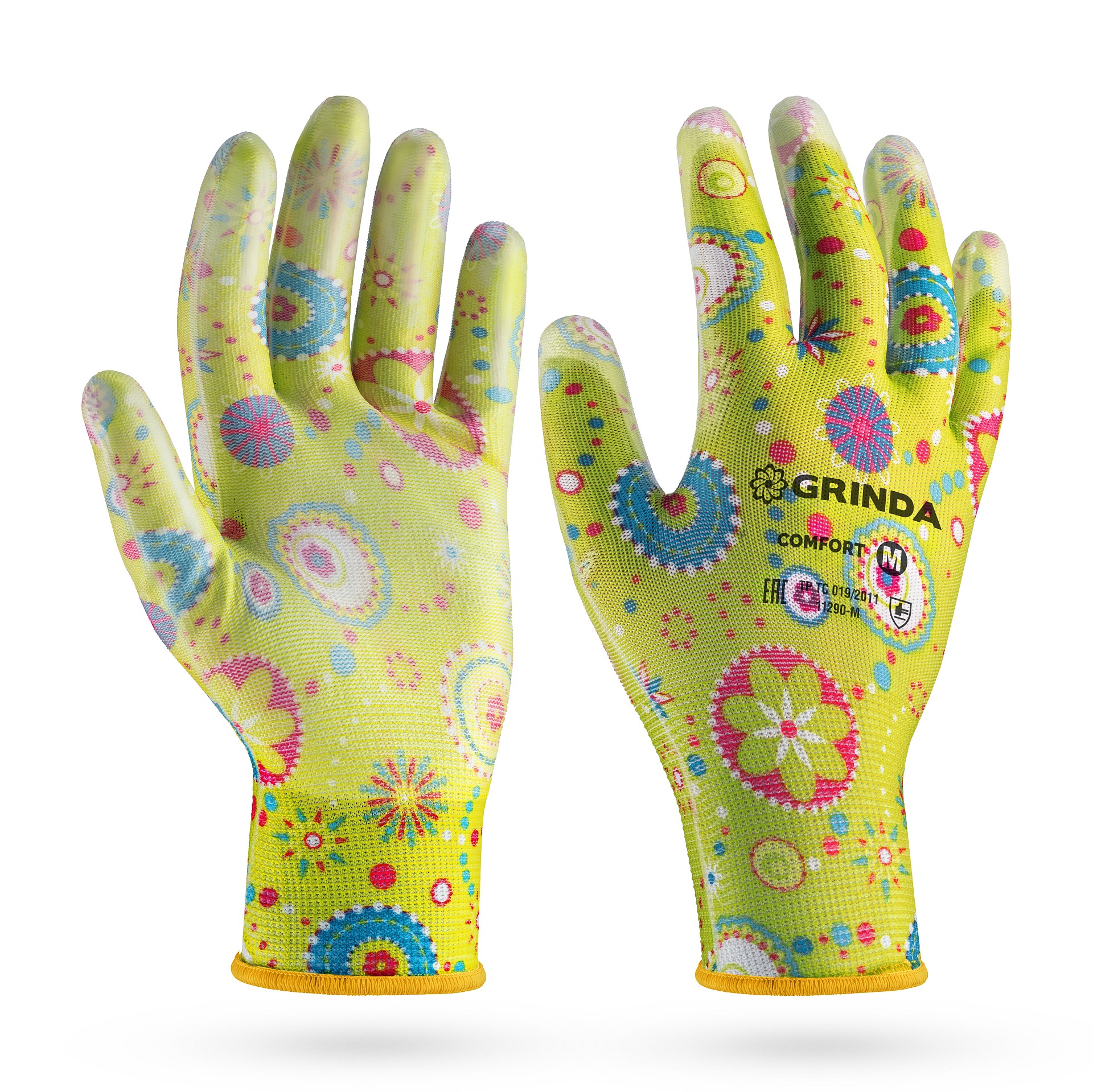 GRINDA COMFORT, M (8), садовые перчатки с прозрачным полиуретановым покрытием, зелёные, 13 класс (11290-M)