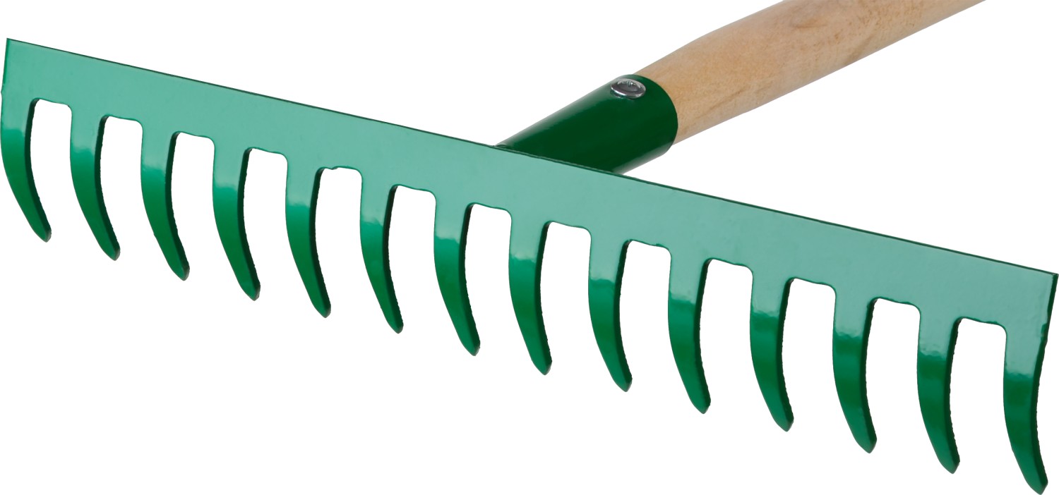 РОСТОК 355 x 80 x 1300 мм, 14 прямых зубьев, рабочая поверхность из стали, покрытие краска, черенок деревянный высш. сорт, грабли (421901-14)