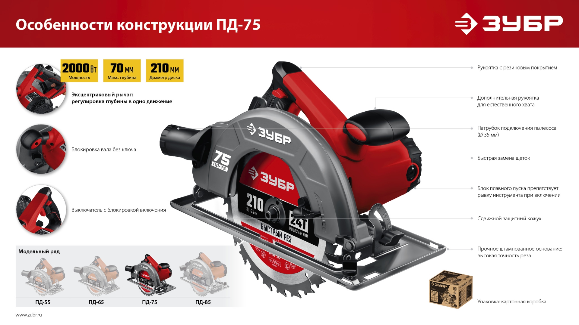 ЗУБР d 210 мм, 2000 Вт, циркулярная пила (дисковая) (ПД-75)