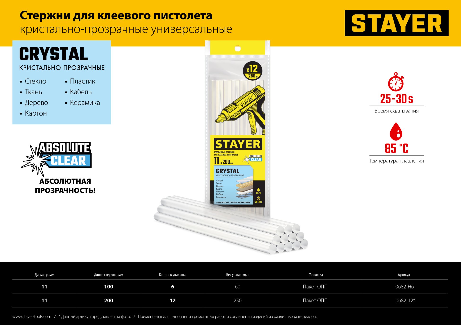 STAYER Cristal, 11 х 100 мм, 6 шт, прозрачные, универсальные клеевые стержни Professional (0682-H6)