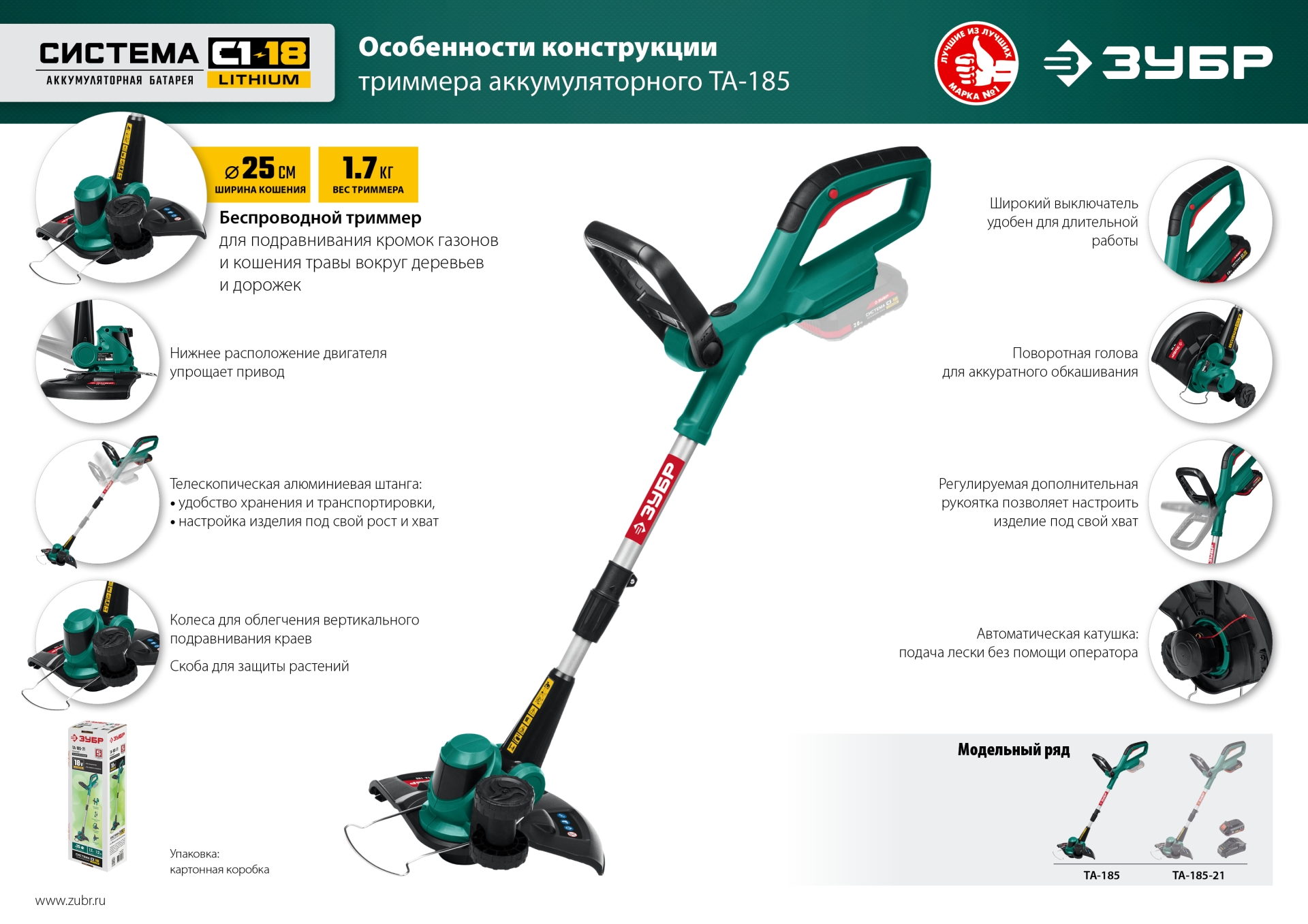 ЗУБР С1-18, 18 В, 25 см, без АКБ, аккумуляторный триммер (ТА-185)