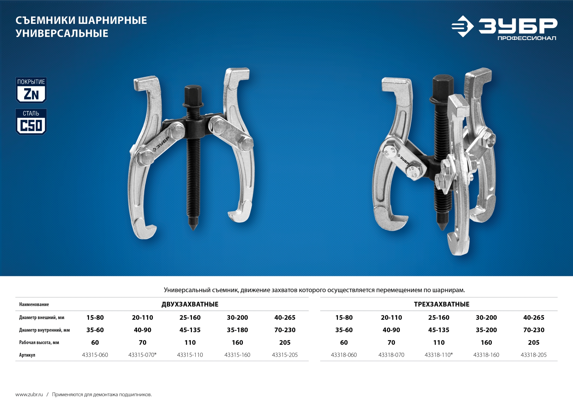 ЗУБР внешний d 25 - 160 мм, внутренний d 45 - 135 мм, шарнирный трехзахватный съемник, Профессионал (43318-110)