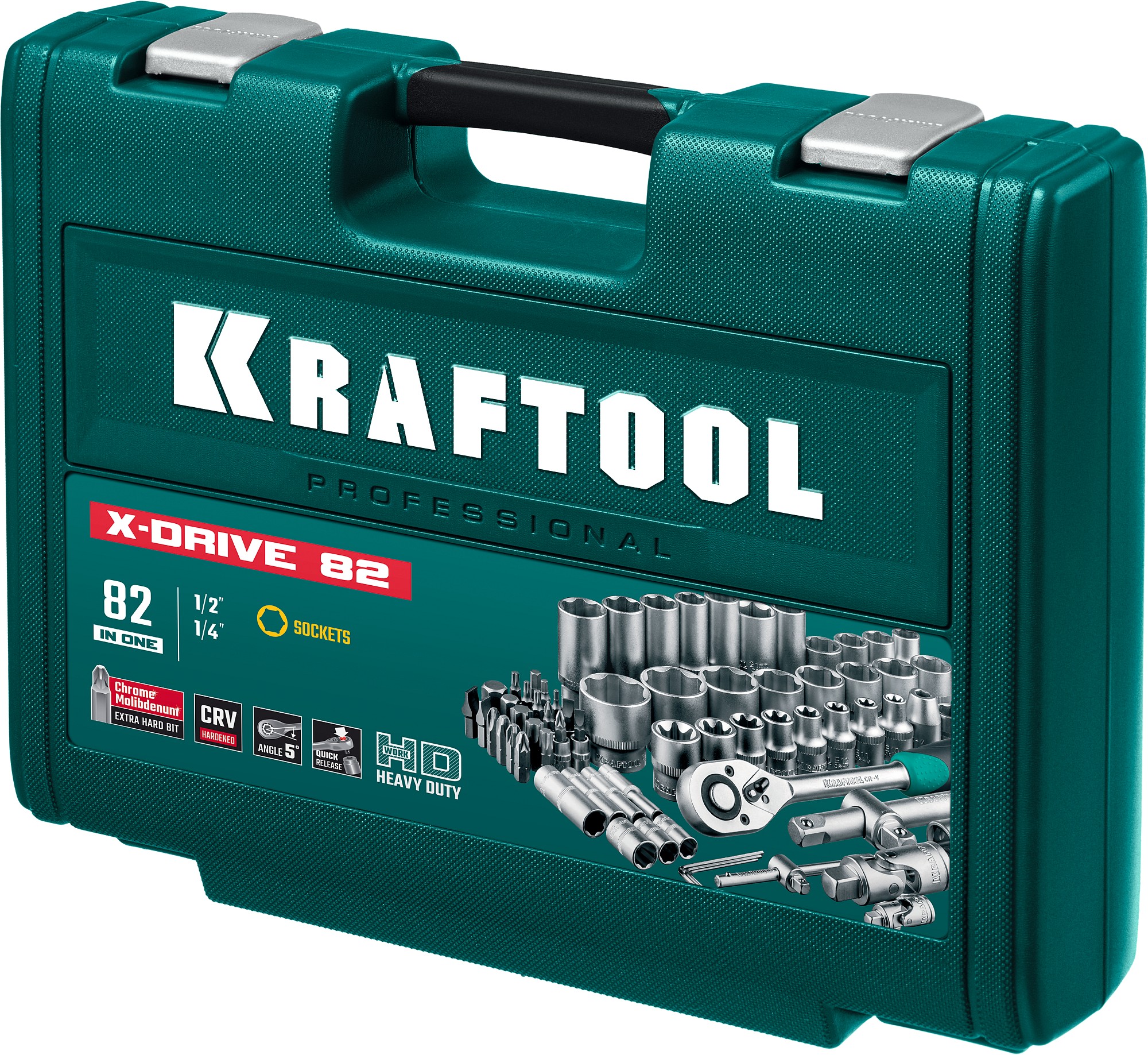 KRAFTOOL X-Drive 82, 82 предм., (1/2″+1/4″), универсальный набор инструмента (27887-H82)