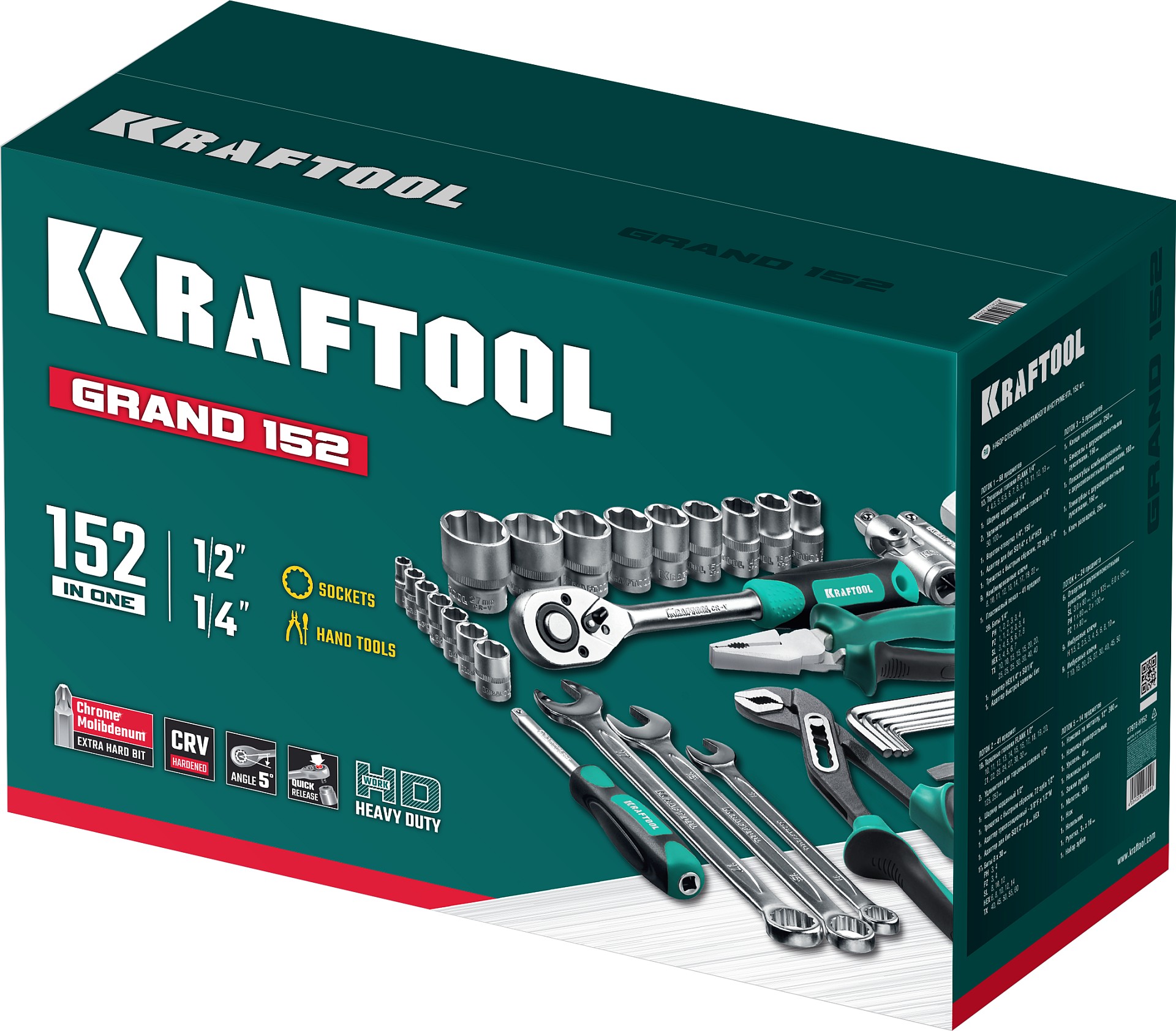 KRAFTOOL GRAND-152, 152 предм., (1/2″+1/4″), Универсальный набор инструмента (27978-H152)