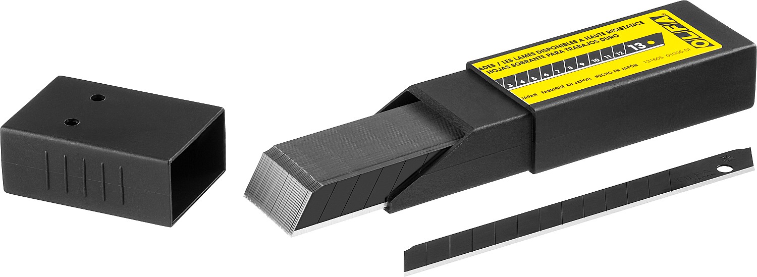 OLFA 9 мм, 50 шт, в пластиковом кейсе + блистер, черные сегментированные лезвия, особо острые, EXCEL BLACK (OL-ABB-50B)