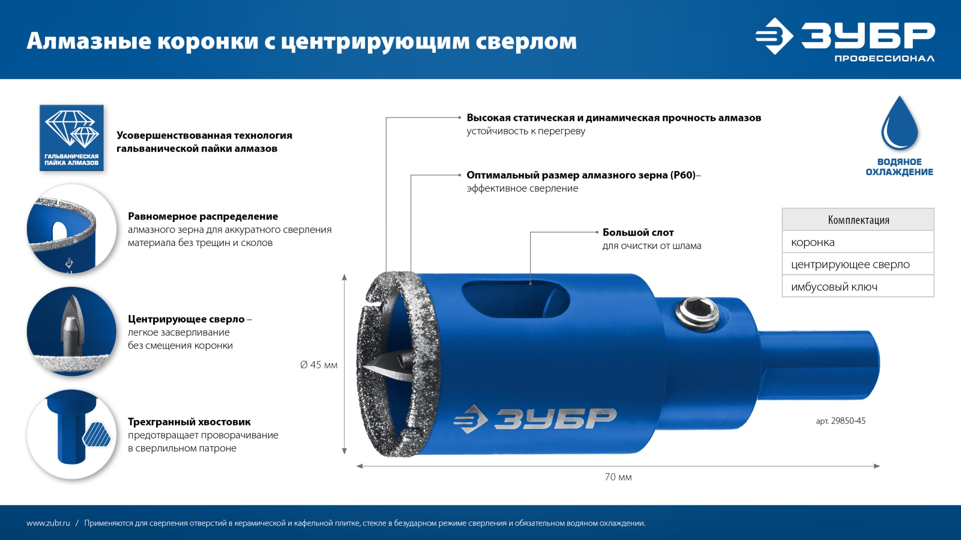 ЗУБР АГК, d 53 мм, (центр. сверло, трехгр. хвост, Р60), алмазная коронка, Профессионал (29850-53)