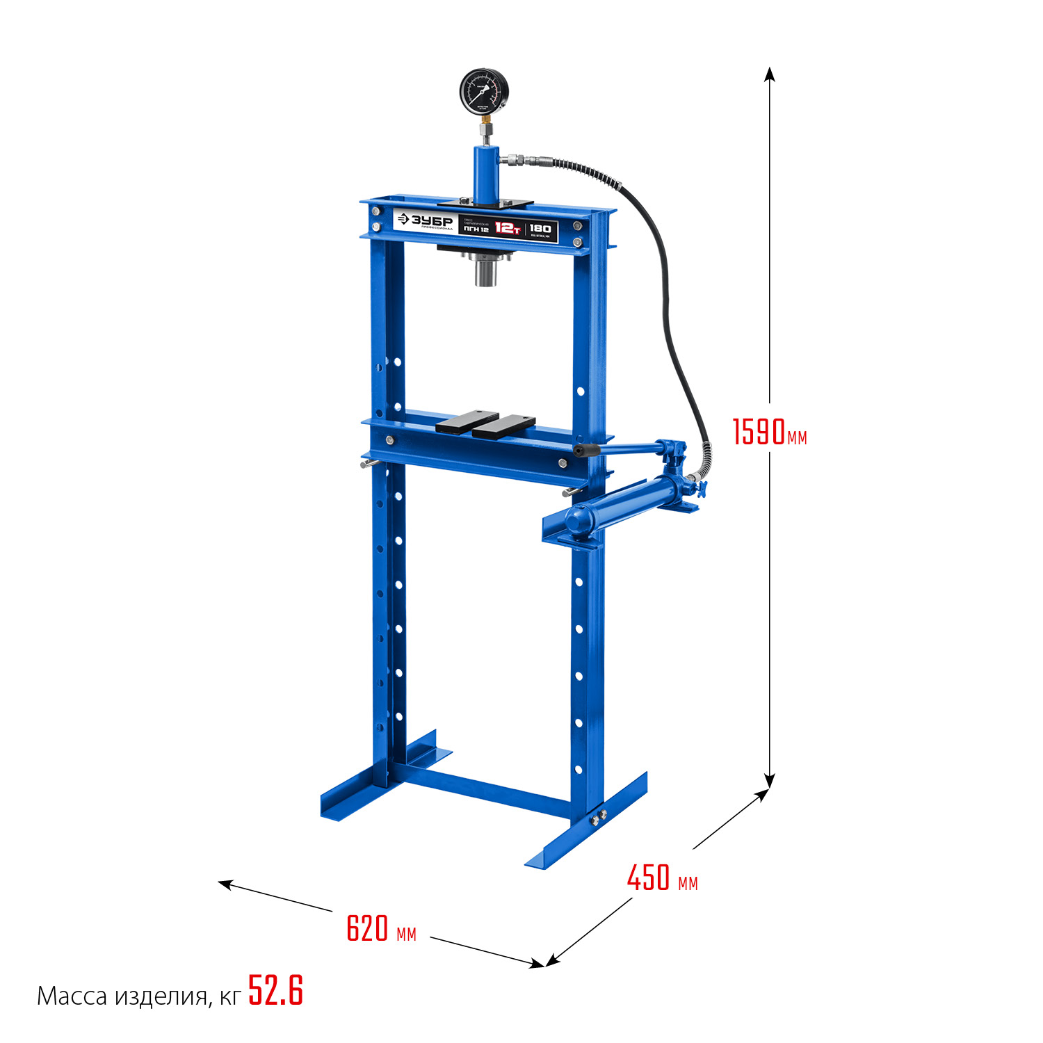 ЗУБР ПГН-12, 12 т, гидравлический пресс с гидронасосом и манометром, Профессионал (43072-12)