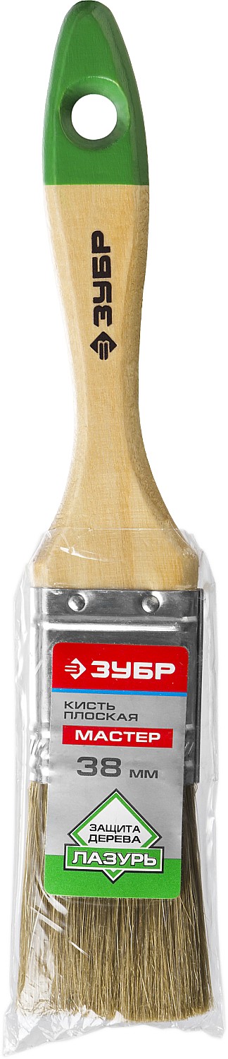 ЗУБР ЛАЗУРЬ, 38 мм, 1.5″, светлая смешанная щетина, деревянная ручка, для высокотекучих ЛКМ, плоская кисть (4-01009-038)