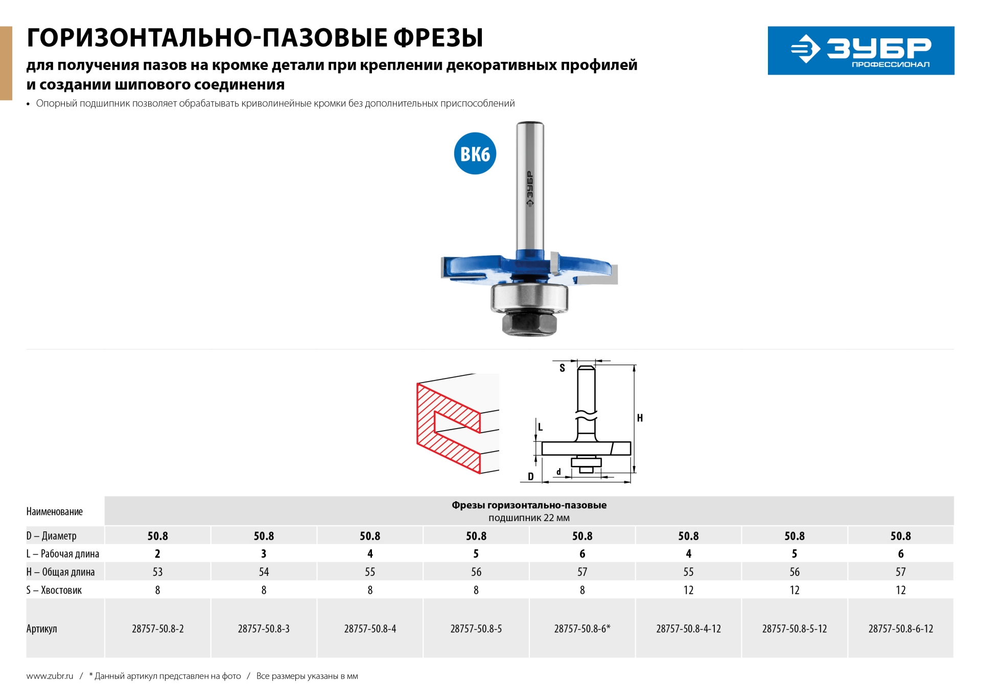 ЗУБР 50.8 x 4 мм, хвостовик 8 мм, фреза горизонтально-пазовая, Профессионал (28757-50.8-4)