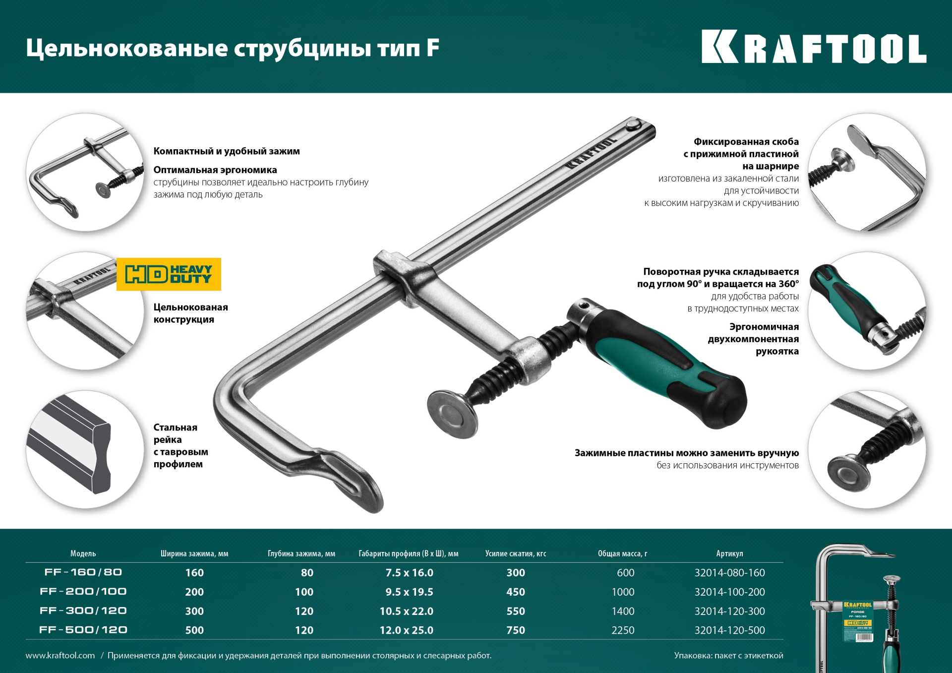 KRAFTOOL Forge FF-160/80, 120 х 500 мм, цельнокованая струбцина F (32014-120-500)