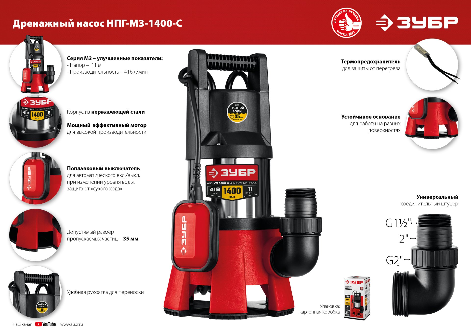 ЗУБР 1400 Вт, дренажный насос для грязной воды, корпус - нерж. сталь (НПГ-М3-1400-С)