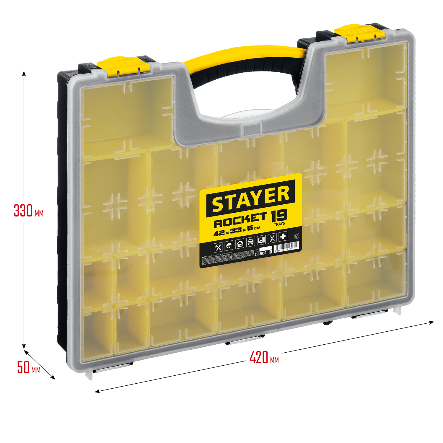 STAYER ROCKET-19, 420 x 330 x 50 мм, (16.5″), пластиковый органайзер с 19 съемными лотками (2-38032)