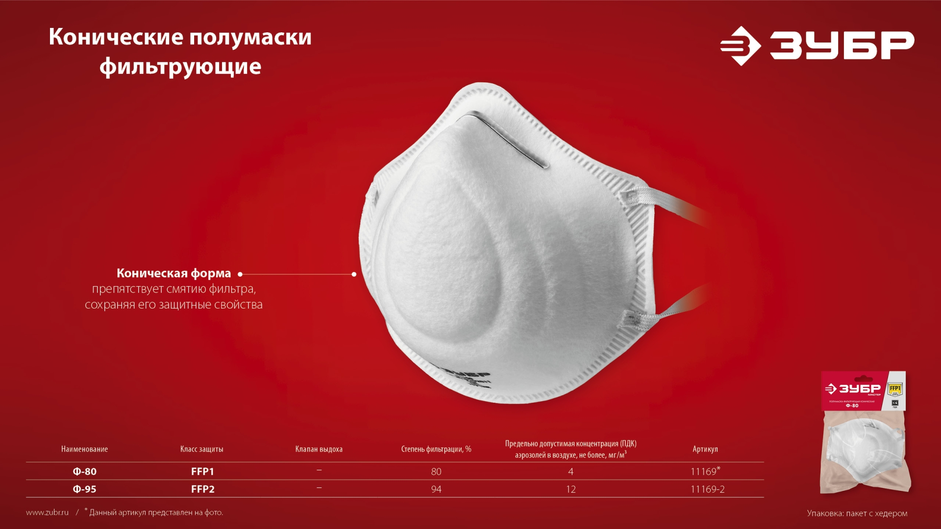ЗУБР Ф-95, класс защиты FFP2, коническая, фильтрующая полумаска (11169-2)