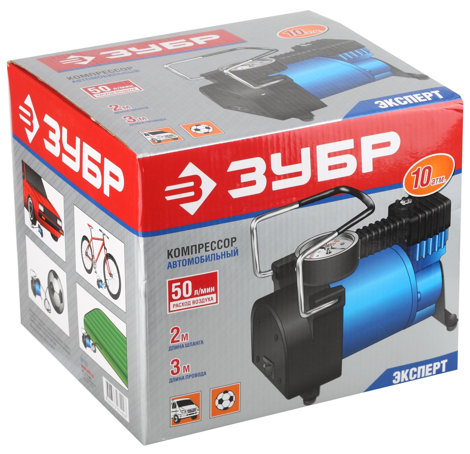 ЗУБР 10 атм., провод 3 м, шланг 2 м, 3 насадки, автомобильный компрессор (61127)