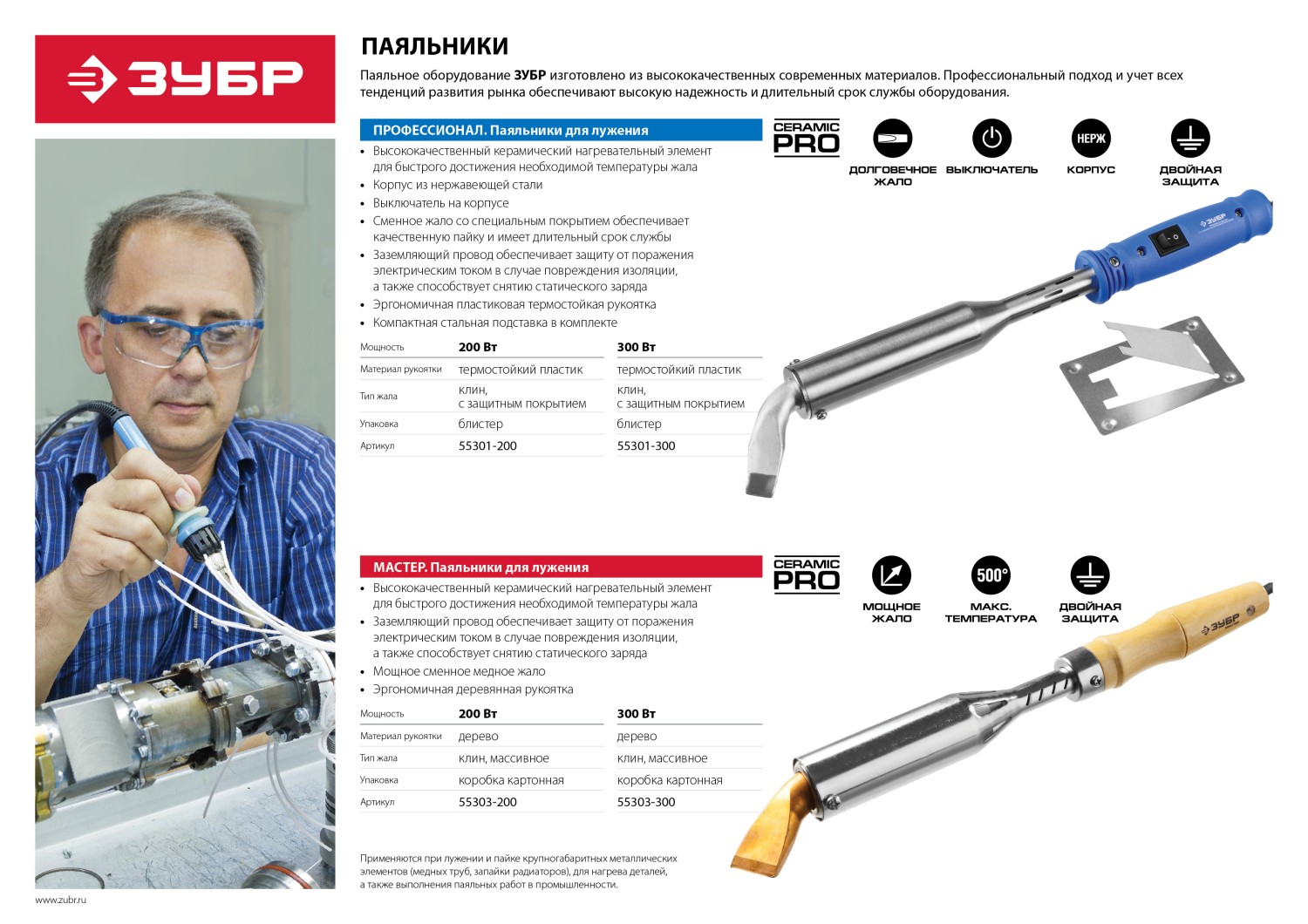 ЗУБР Ceramic PRO, 300 Вт, клин, высокомощный электропаяльник с пластиковой рукояткой, Профессионал (55301-300)