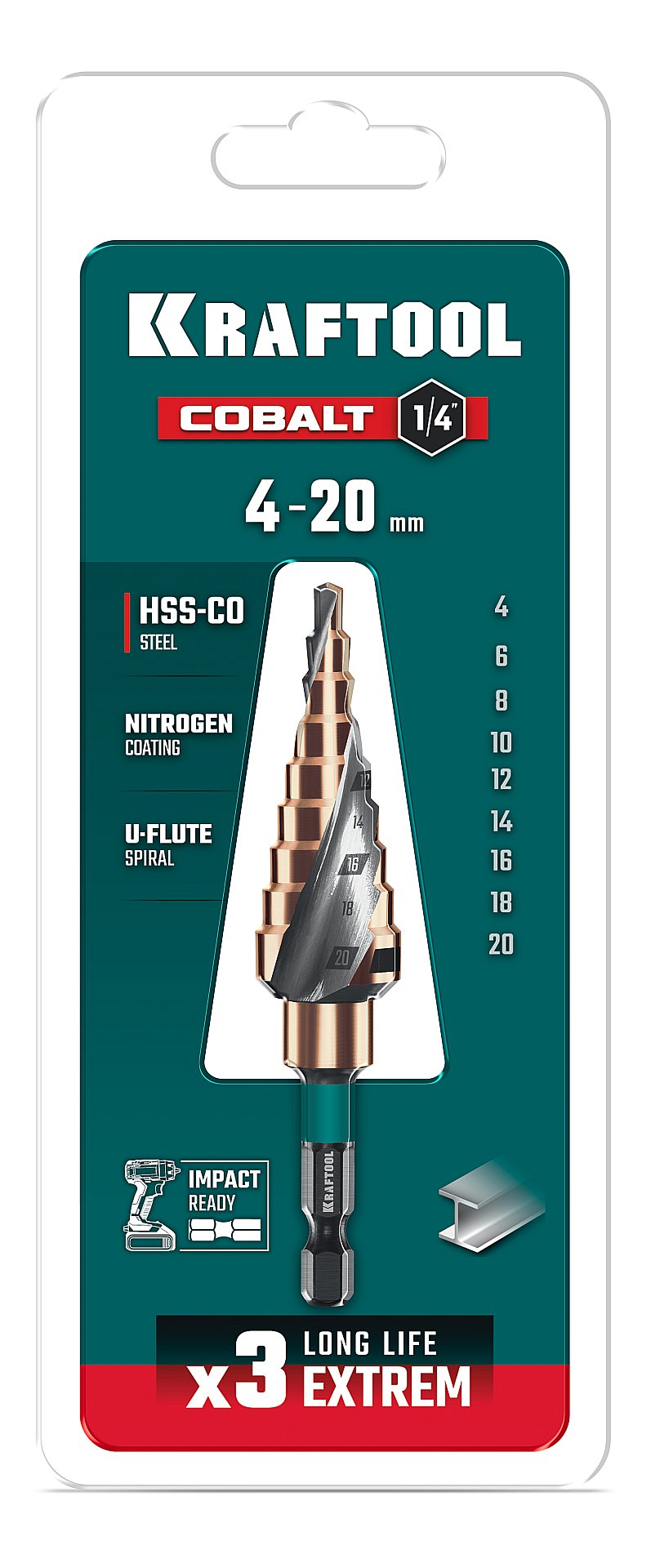 KRAFTOOL COBALT 4-20мм, 9 ступеней, азотирование, винтовая спираль, сверло ступенчатое(29691-4-20-9)