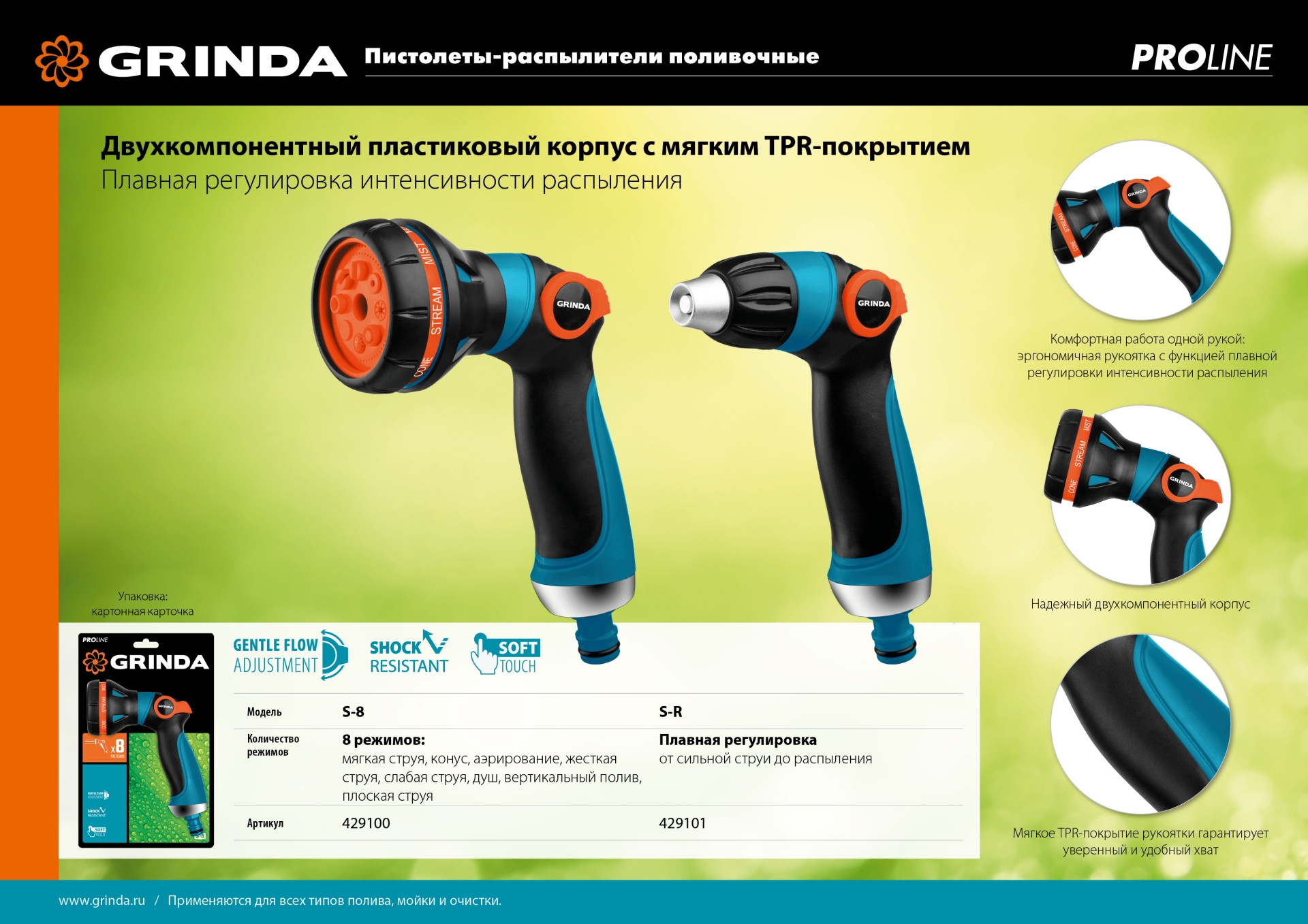 GRINDA S-R, плавная регулировка напора, двухкомпонентный, поливочный пистолет, PROLine (429101)