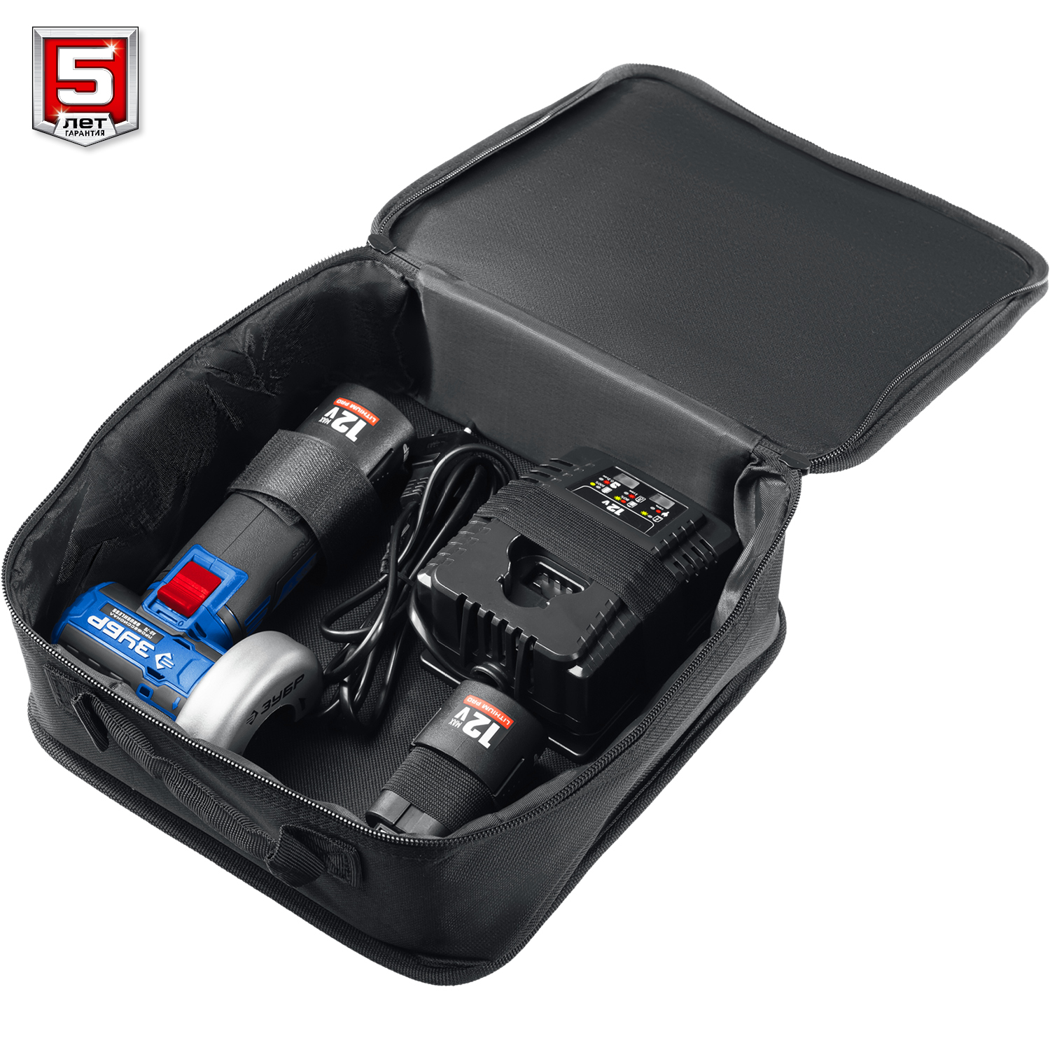 ЗУБР 12 В, d76 мм, 2 АКБ тип Т7 (2 А·ч), бесщеточная УШМ, сумка, Профессионал (AB-76-22)